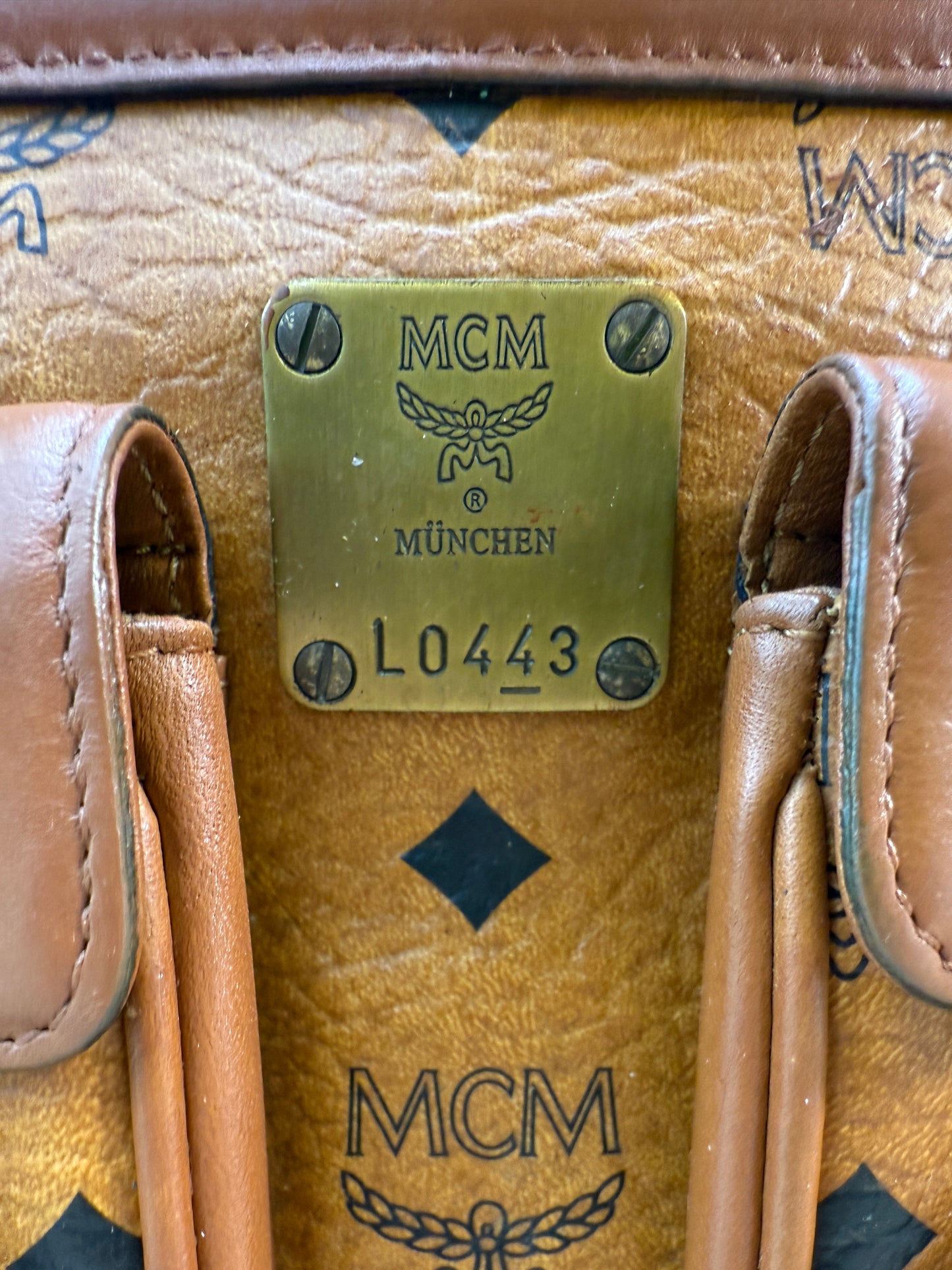 MCM Cognac Visetos Leather Small Boston Bag