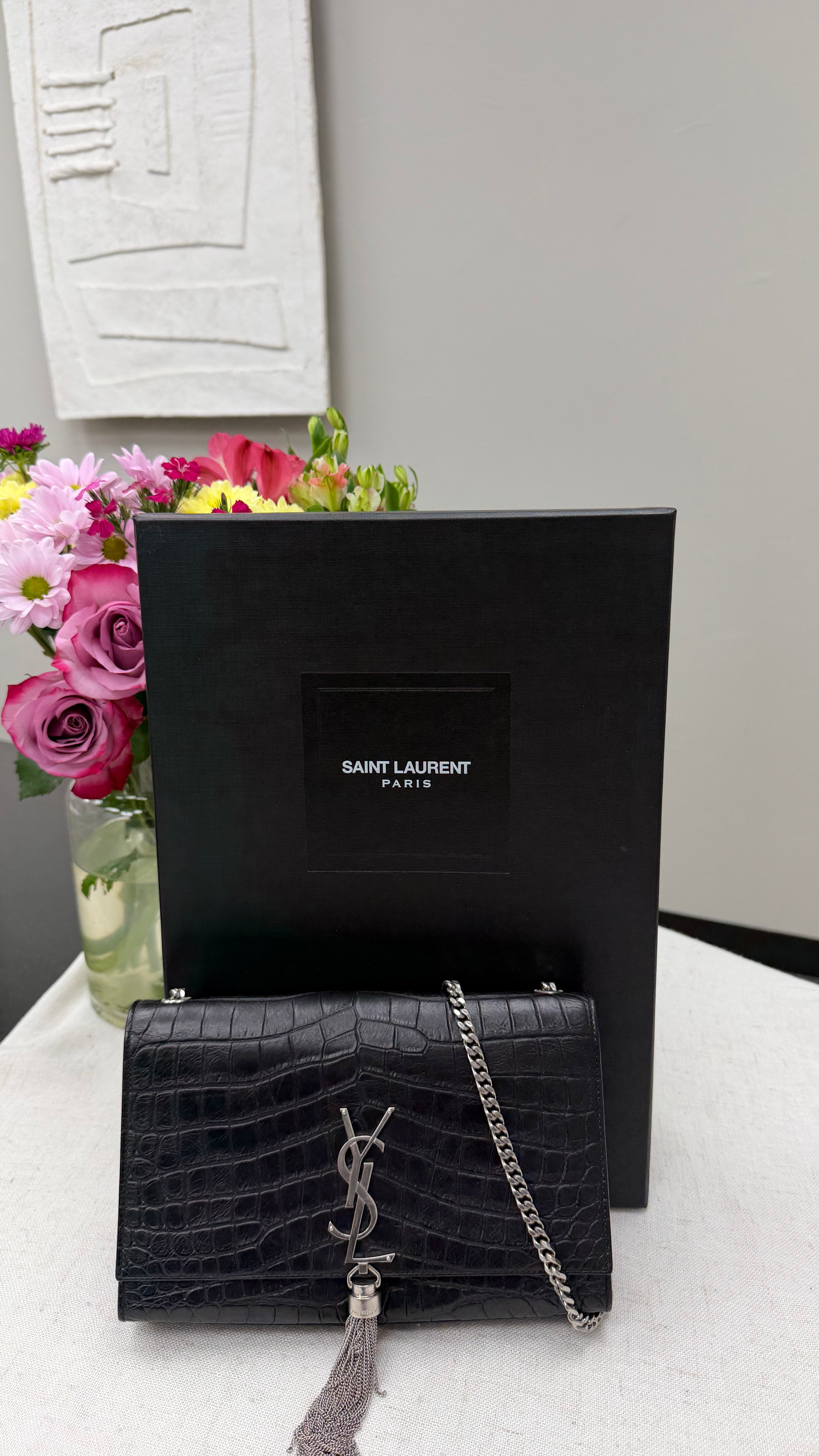 *DONS DROP* Saint Laurent YSL Black Croc Embossed Leather Kate Shoulder Bag