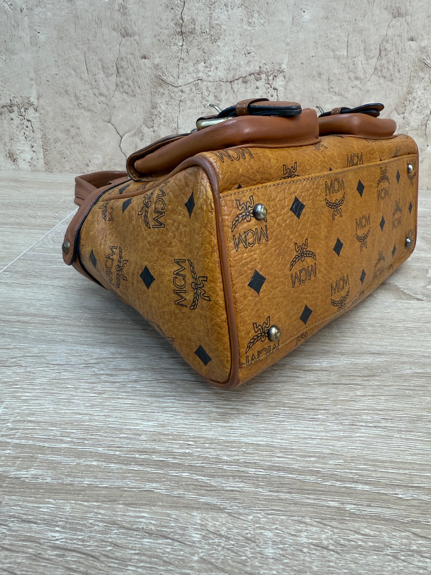 MCM Cognac Visetos Leather Small Boston Bag
