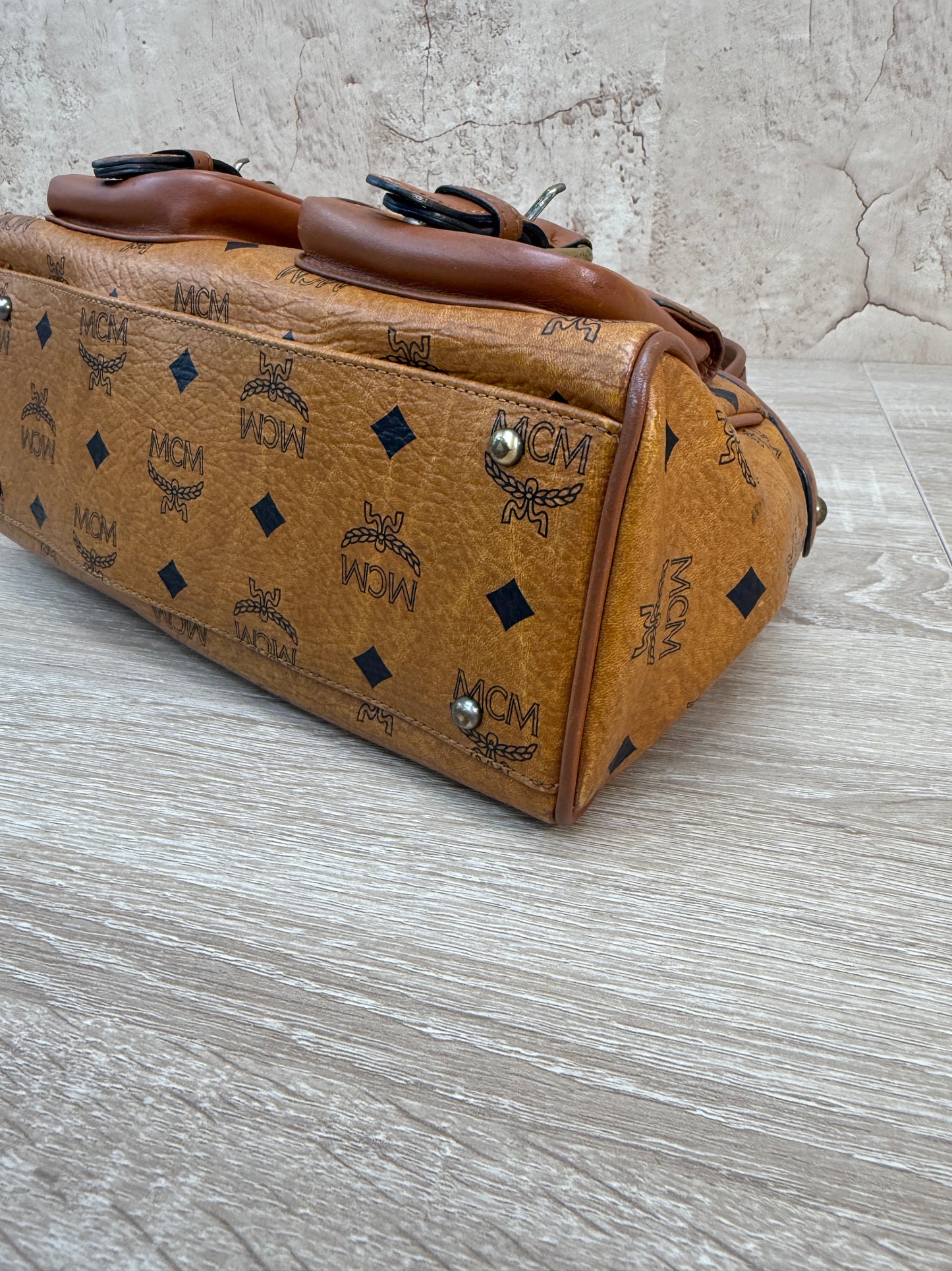 MCM Cognac Visetos Leather Small Boston Bag