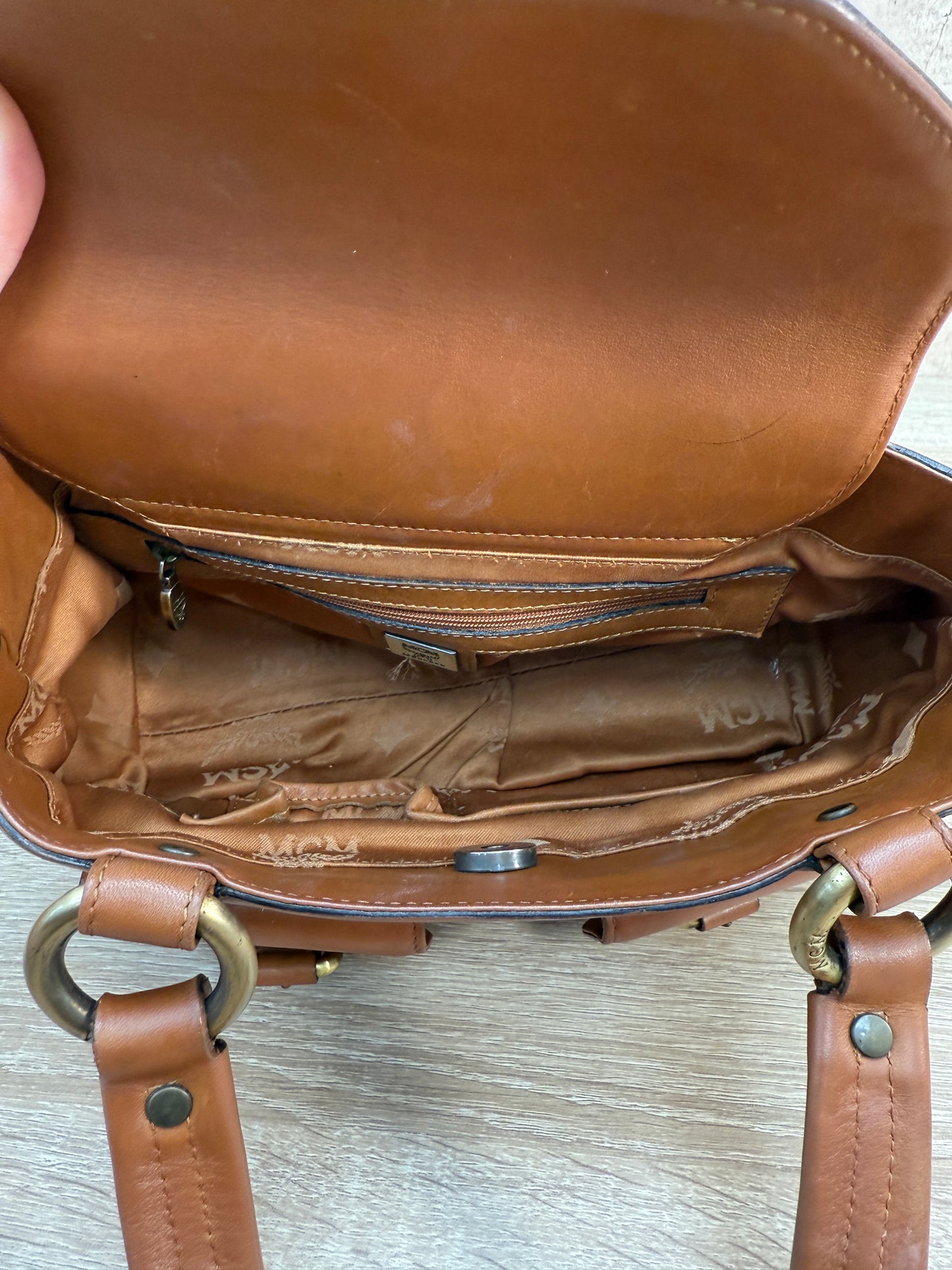 MCM Cognac Visetos Leather Small Boston Bag