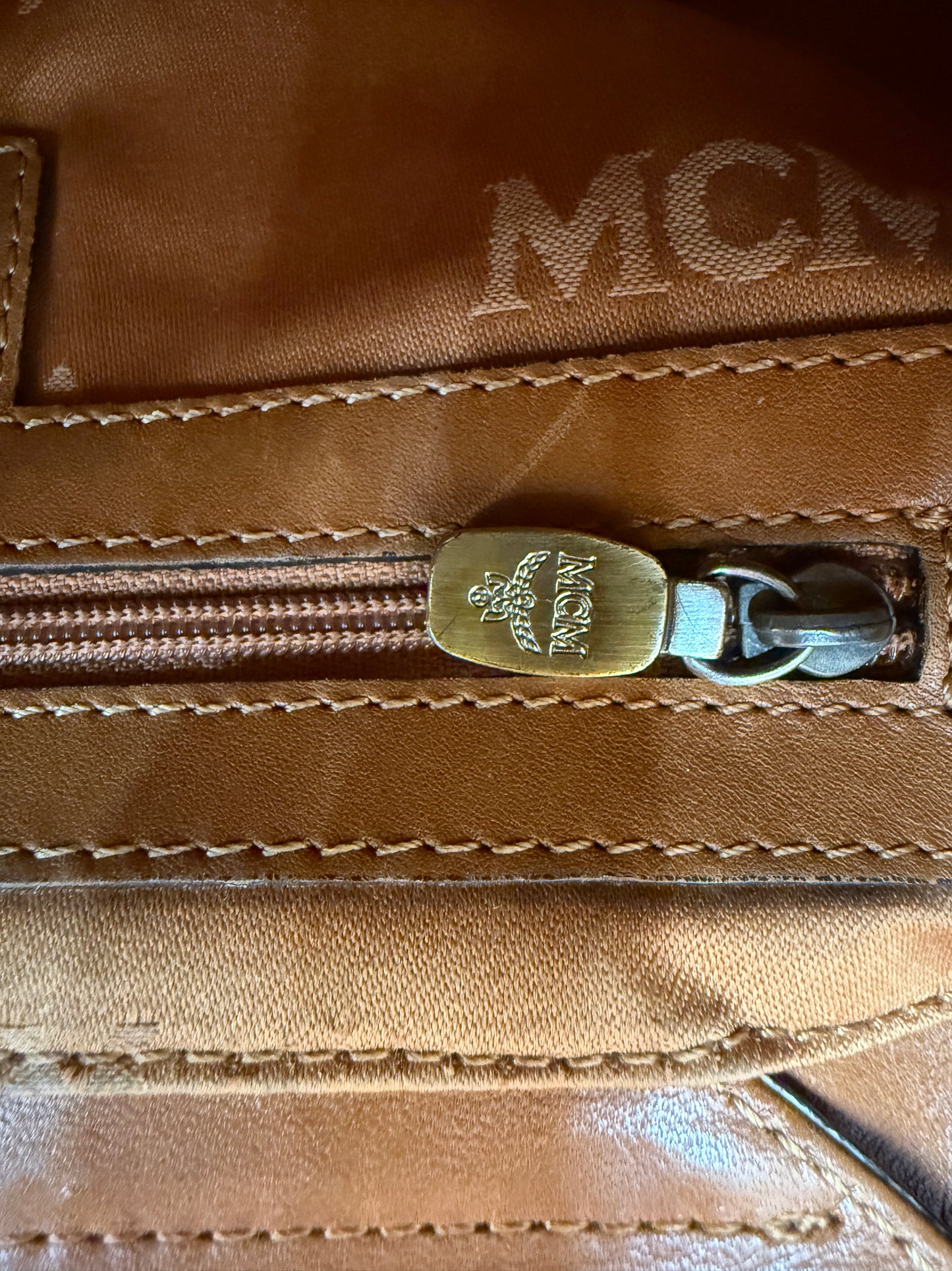MCM Cognac Visetos Leather Small Boston Bag