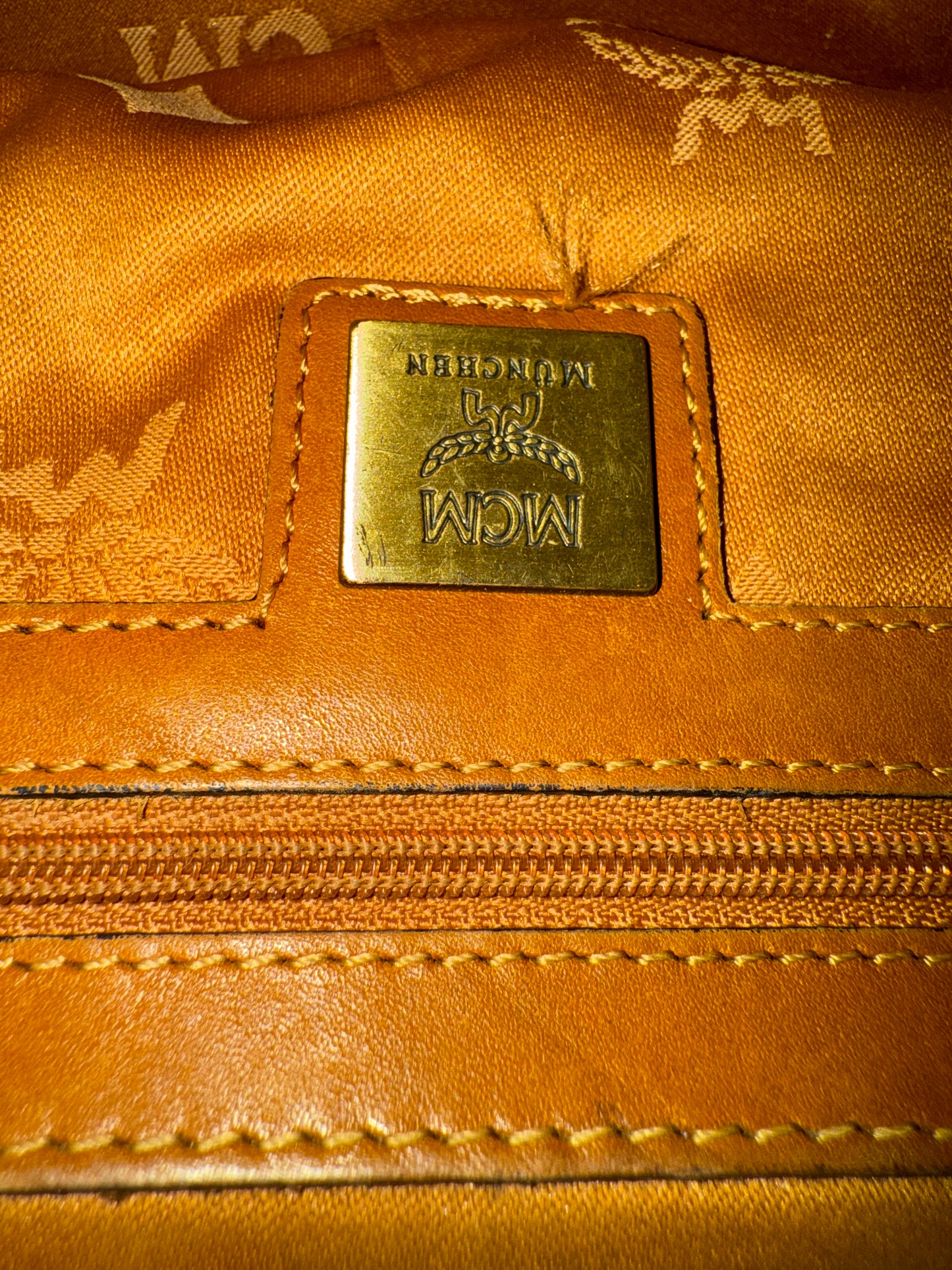 MCM Cognac Visetos Leather Small Boston Bag
