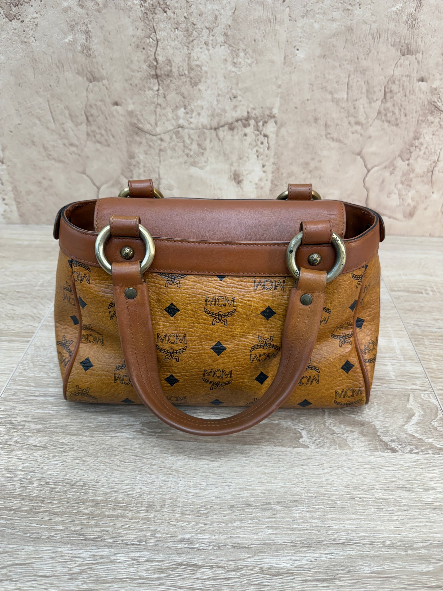 MCM Cognac Visetos Leather Small Boston Bag