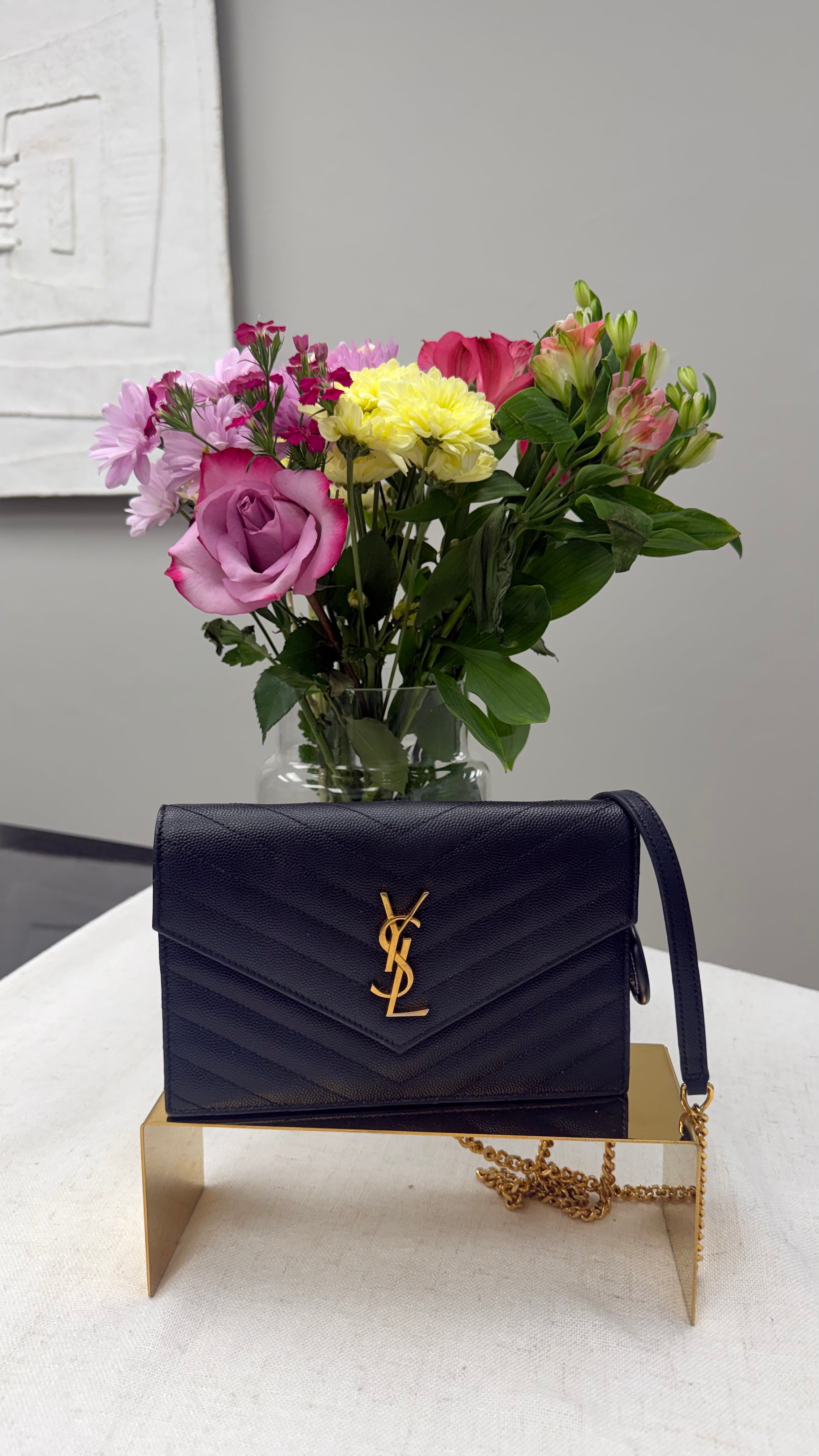 *DONS DROP* Saint Laurent YSL Black Grained Leather Cassandre Envelope Chain wallet
