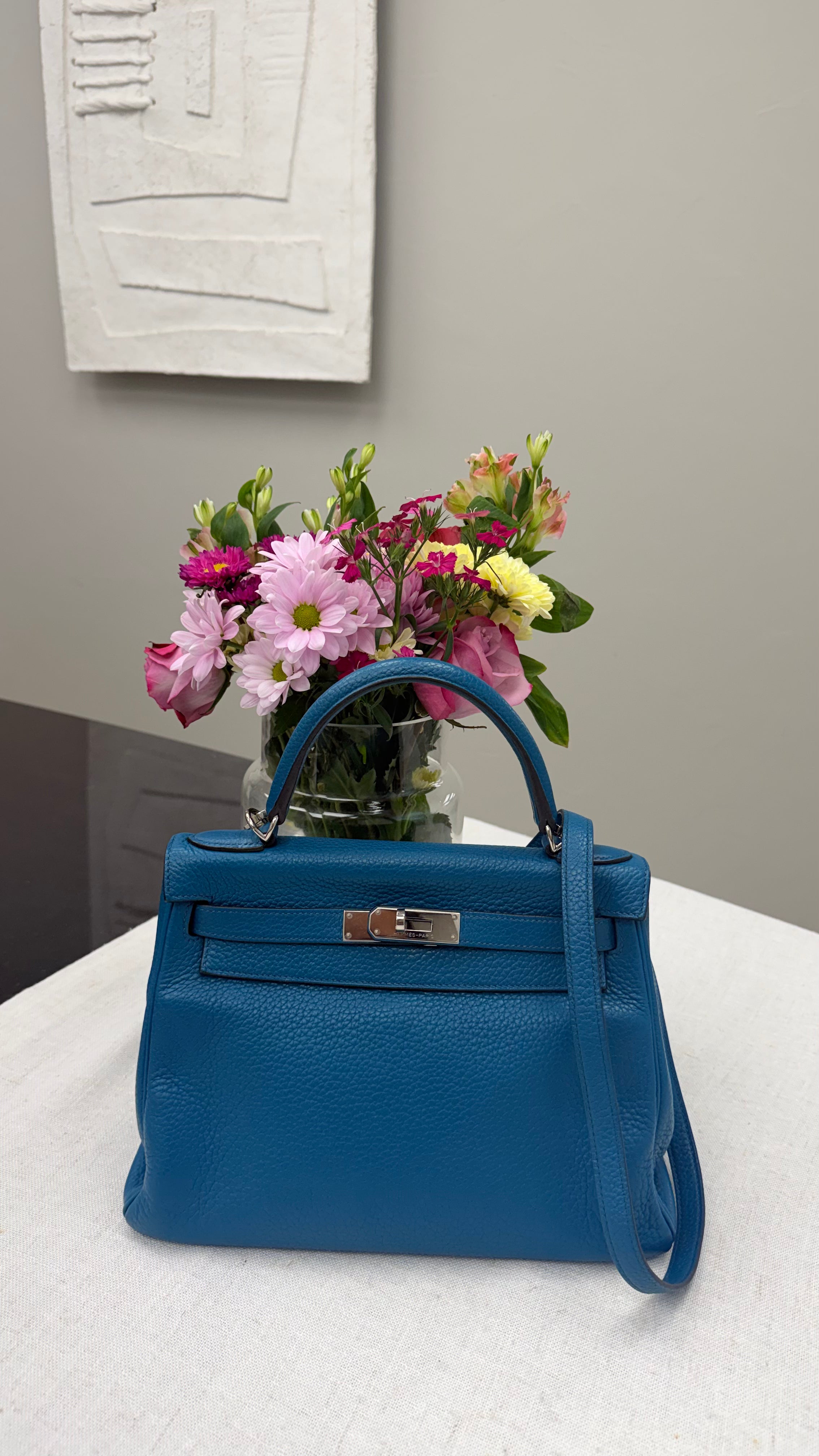*DONS PRE DROP* Hermes Blue Taurillon Clemence Leather Kelly 28 Handbag