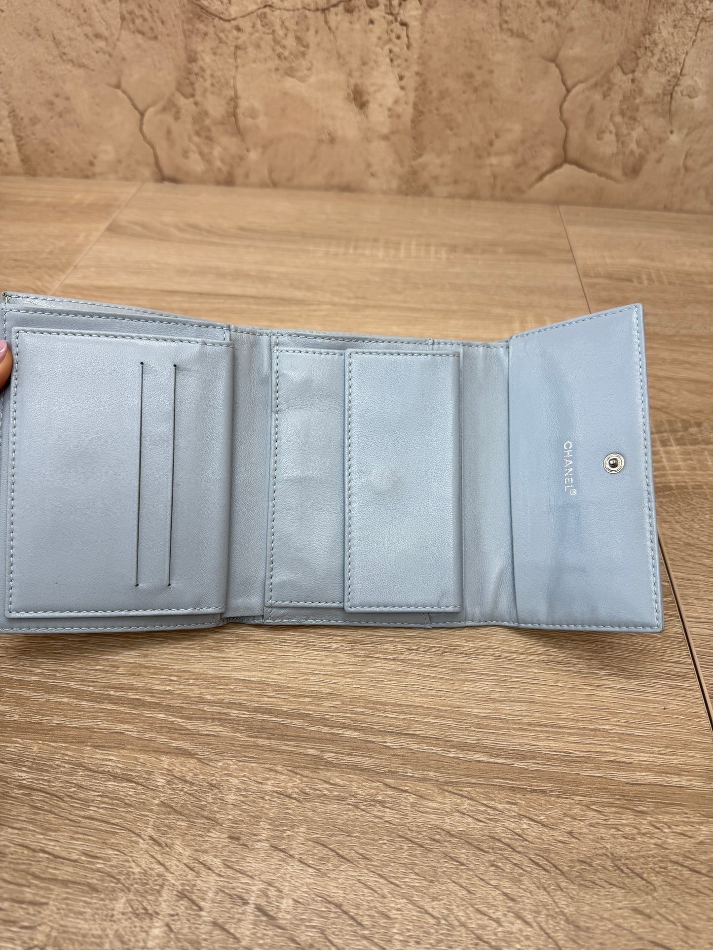 Chanel Light Blue Lambskin Chocolate Bar Compact Wallet