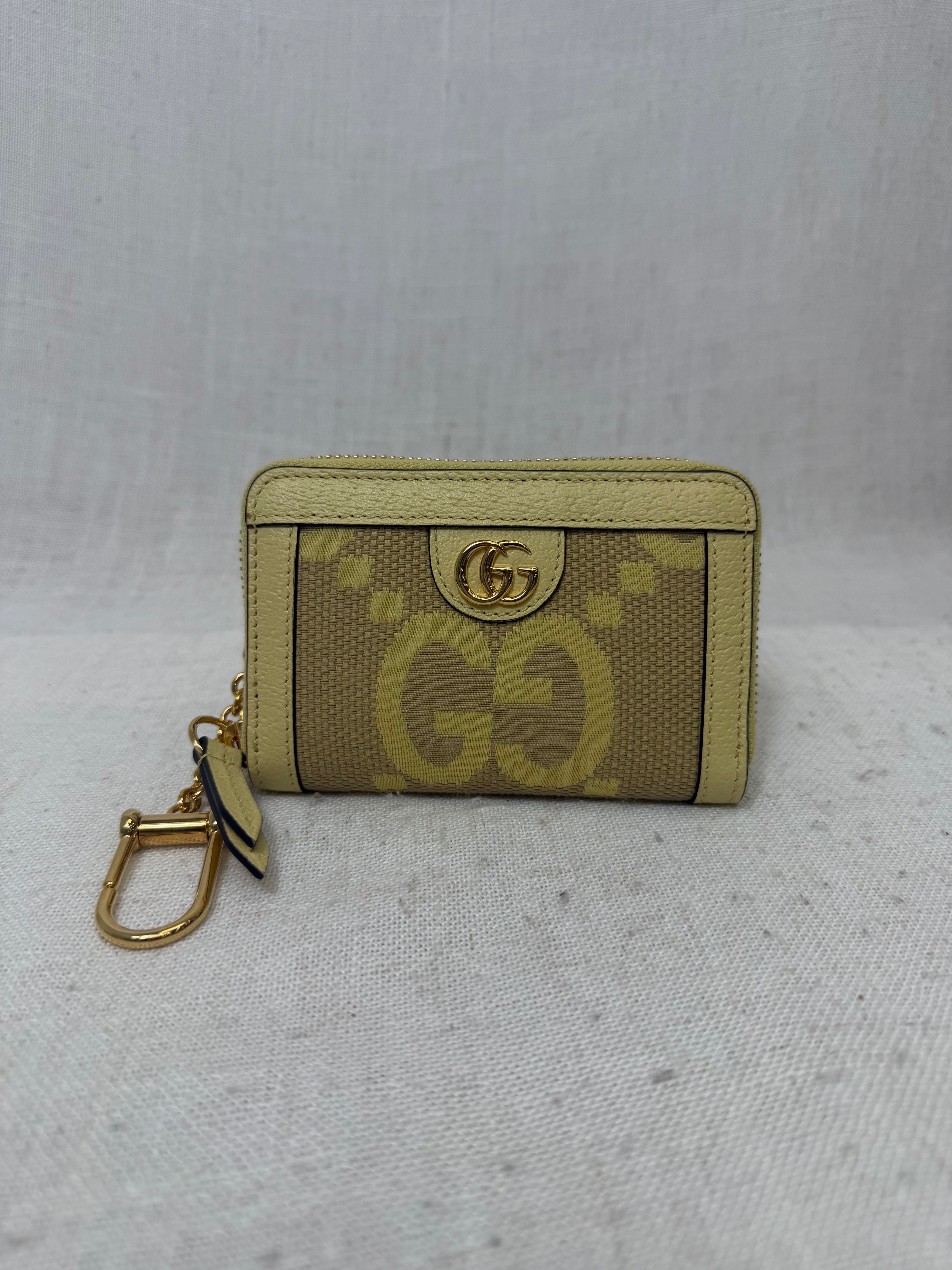 LIKE NEW - Gucci Yellow Leather And Canvas Ophidia Jumbo GG Compact Zippy Wallet