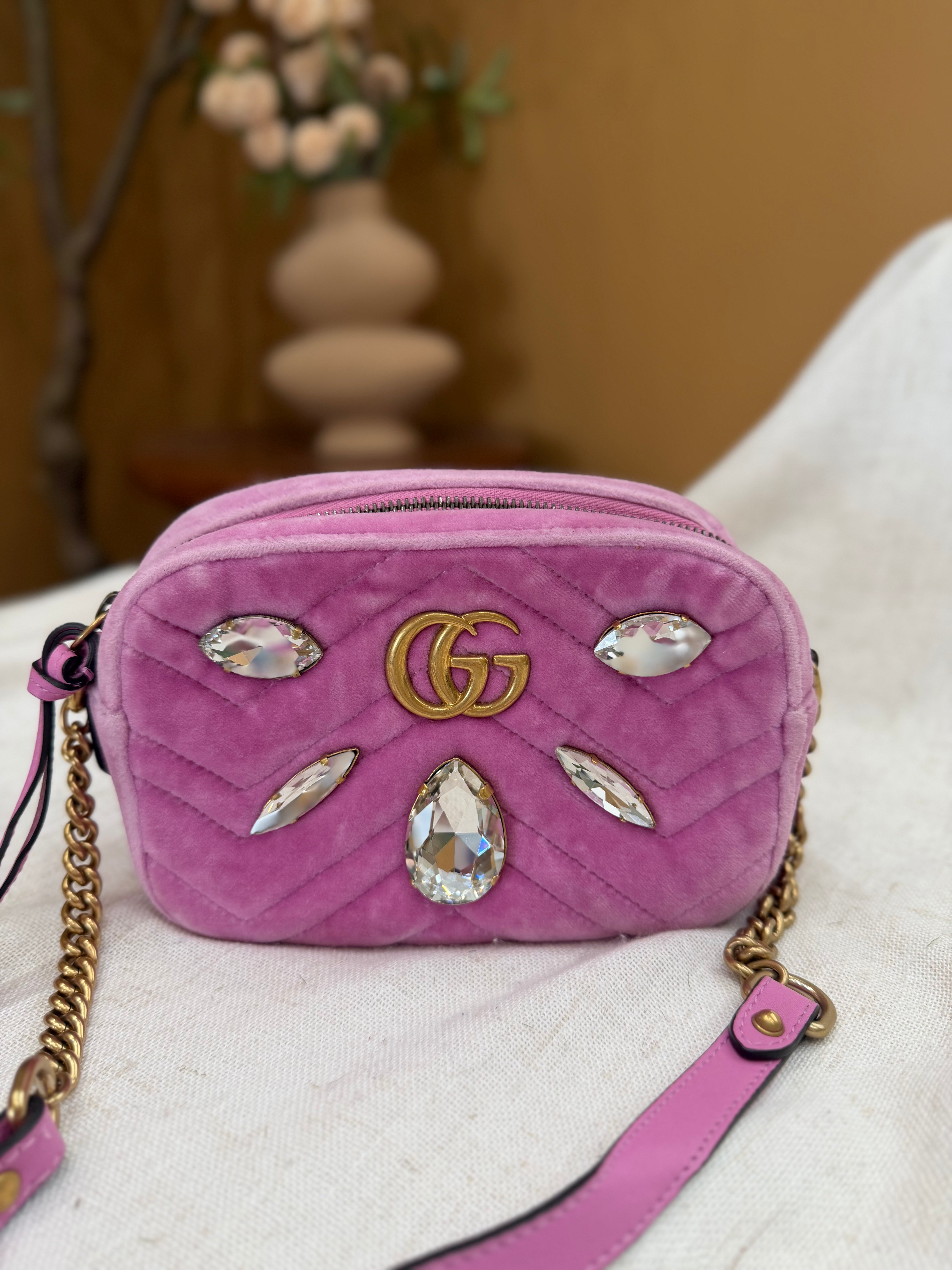 Gucci Pink Velvet GG Crystal Mini Marmont Camera Bag