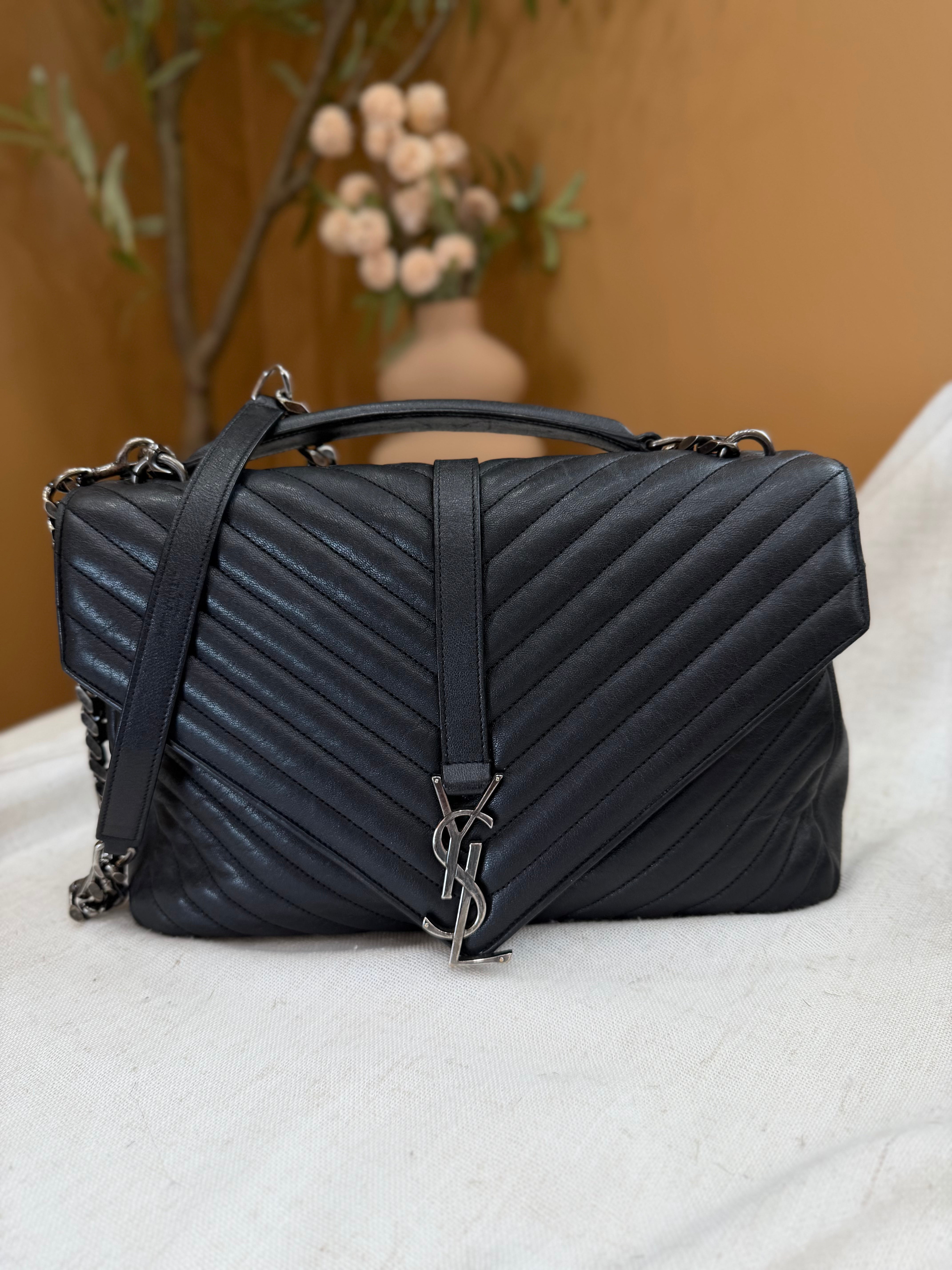 Saint Laurent YSL Black Quilted Chevron Calfskin Large College Shoulder Bag