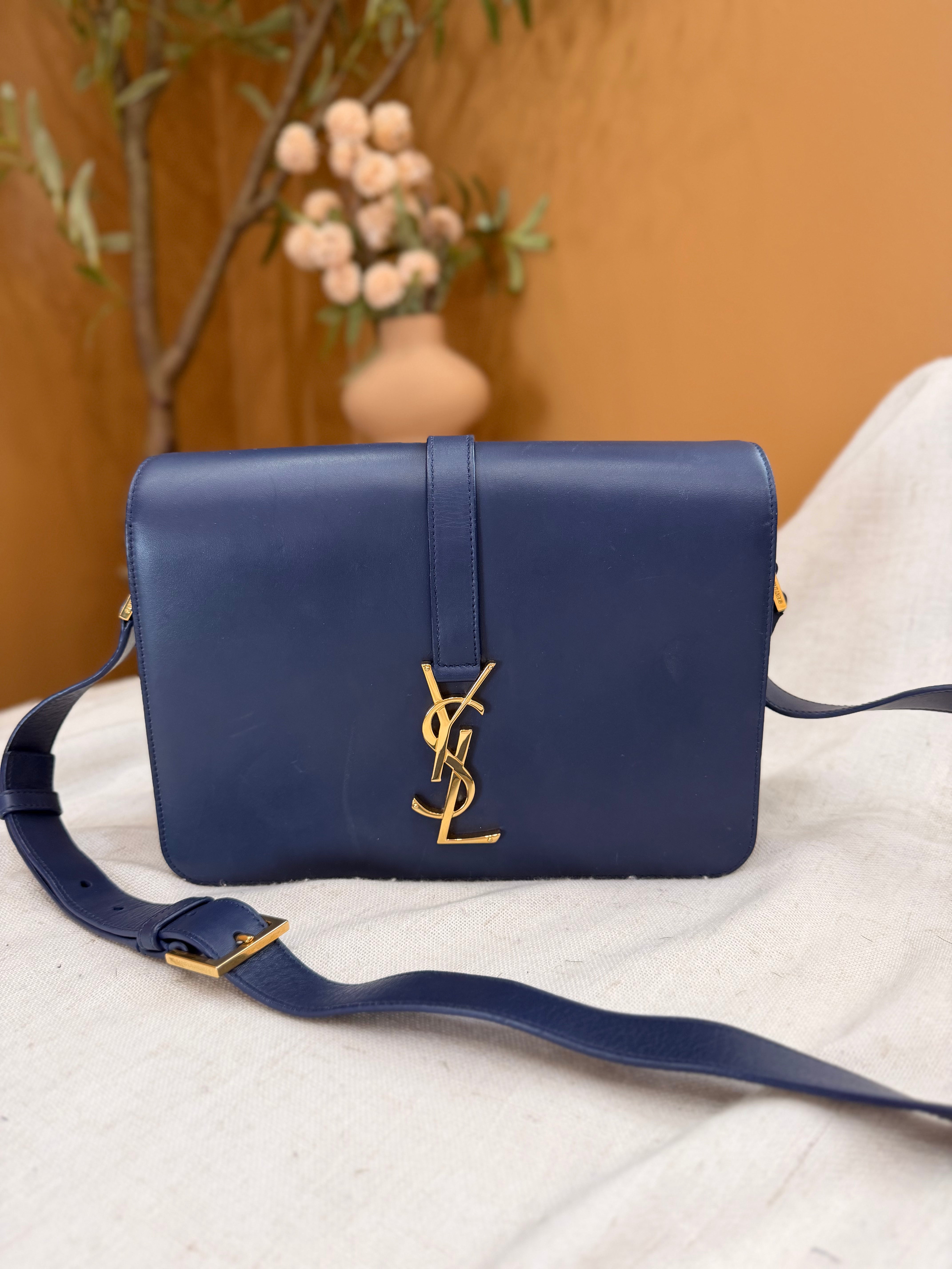 Saint Laurent YSL Navy Blue Leather Monogram Logo Bag