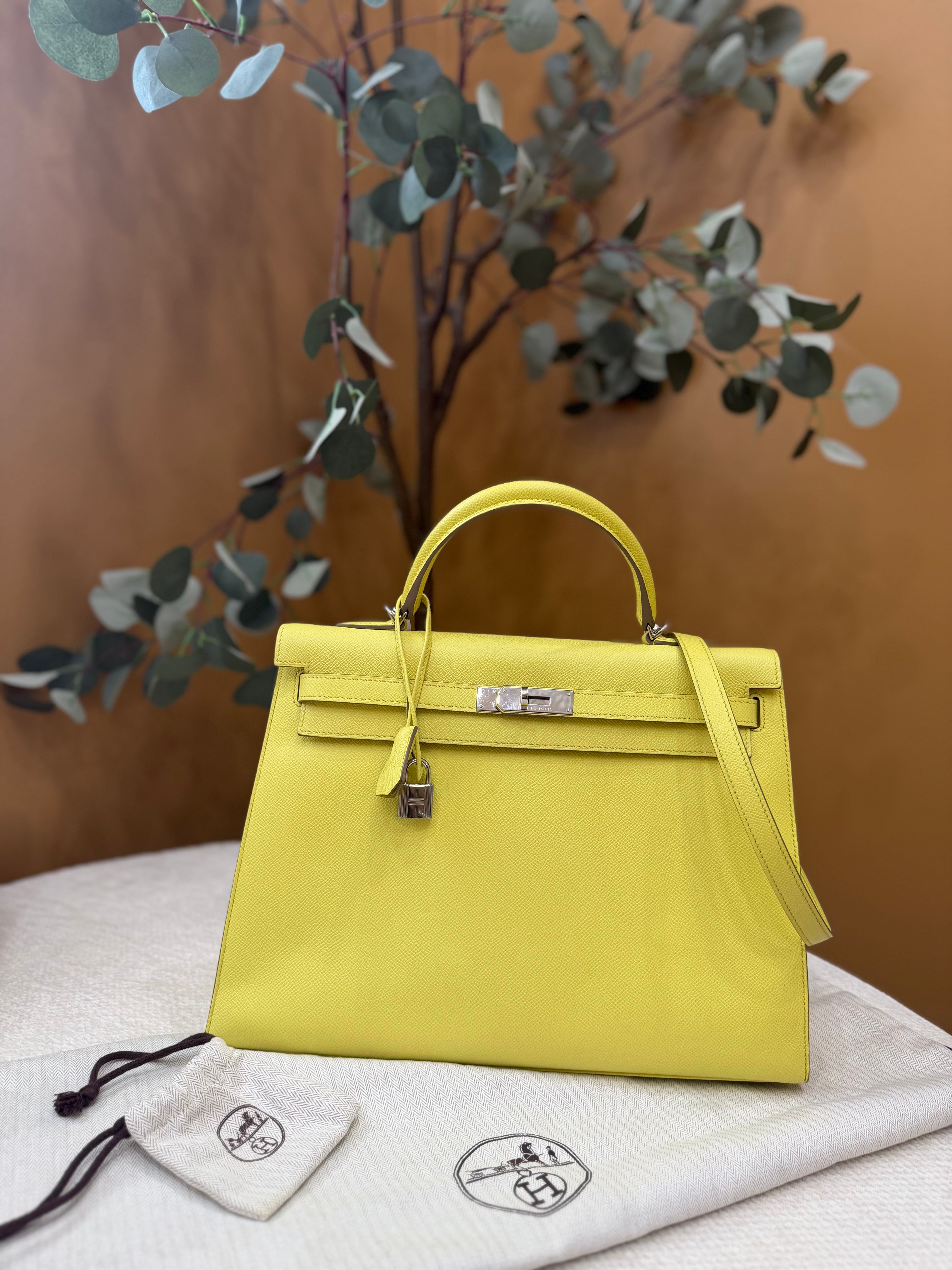 Hermes Yellow Lime Epsom Leather Kelly Sellier 35 Handbag