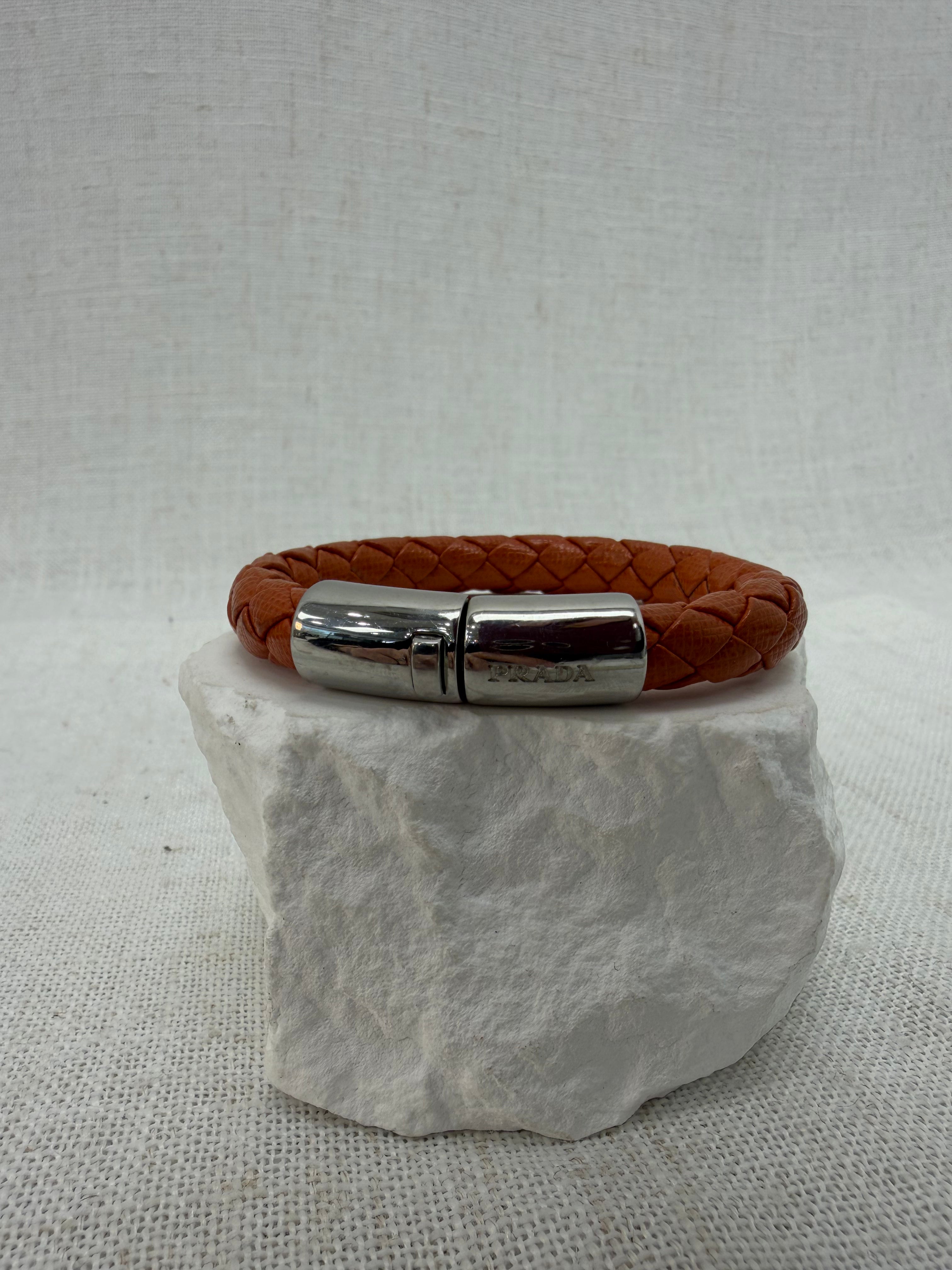 Prada Orange Braided Orange Leather Bracelet