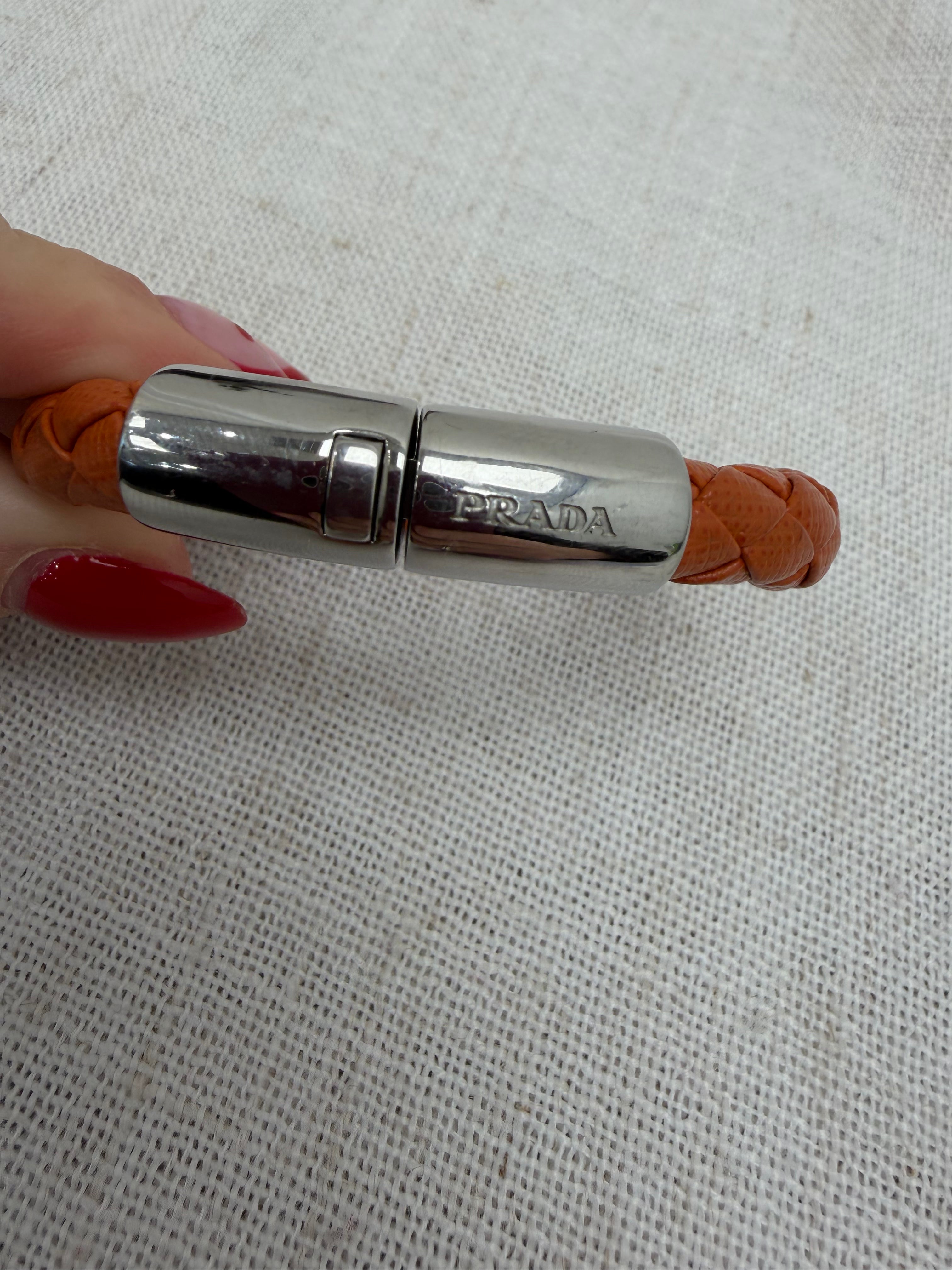 Prada Orange Braided Orange Leather Bracelet