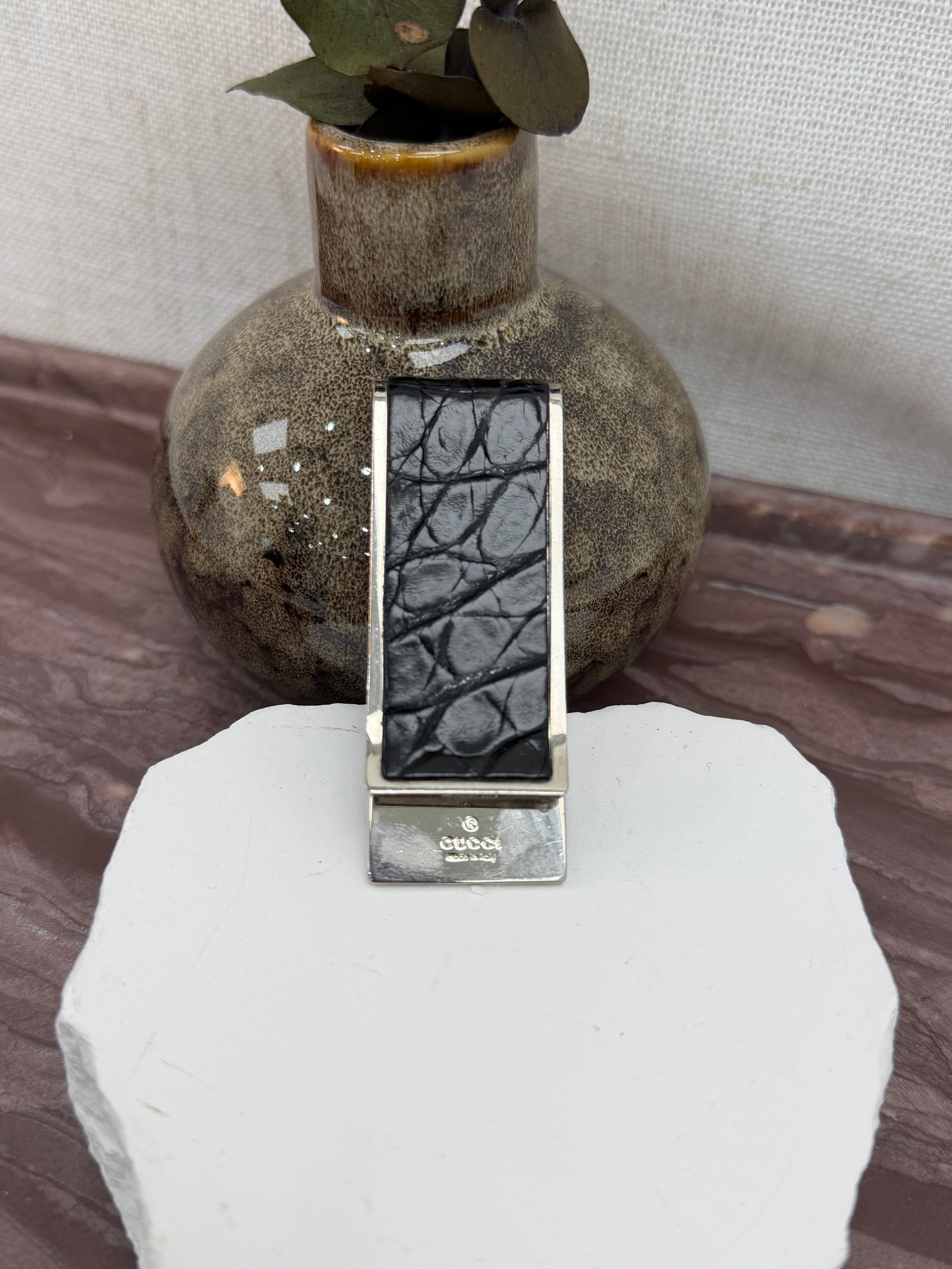 Gucci Black Embossed Leather & Silver Metal Money Clip