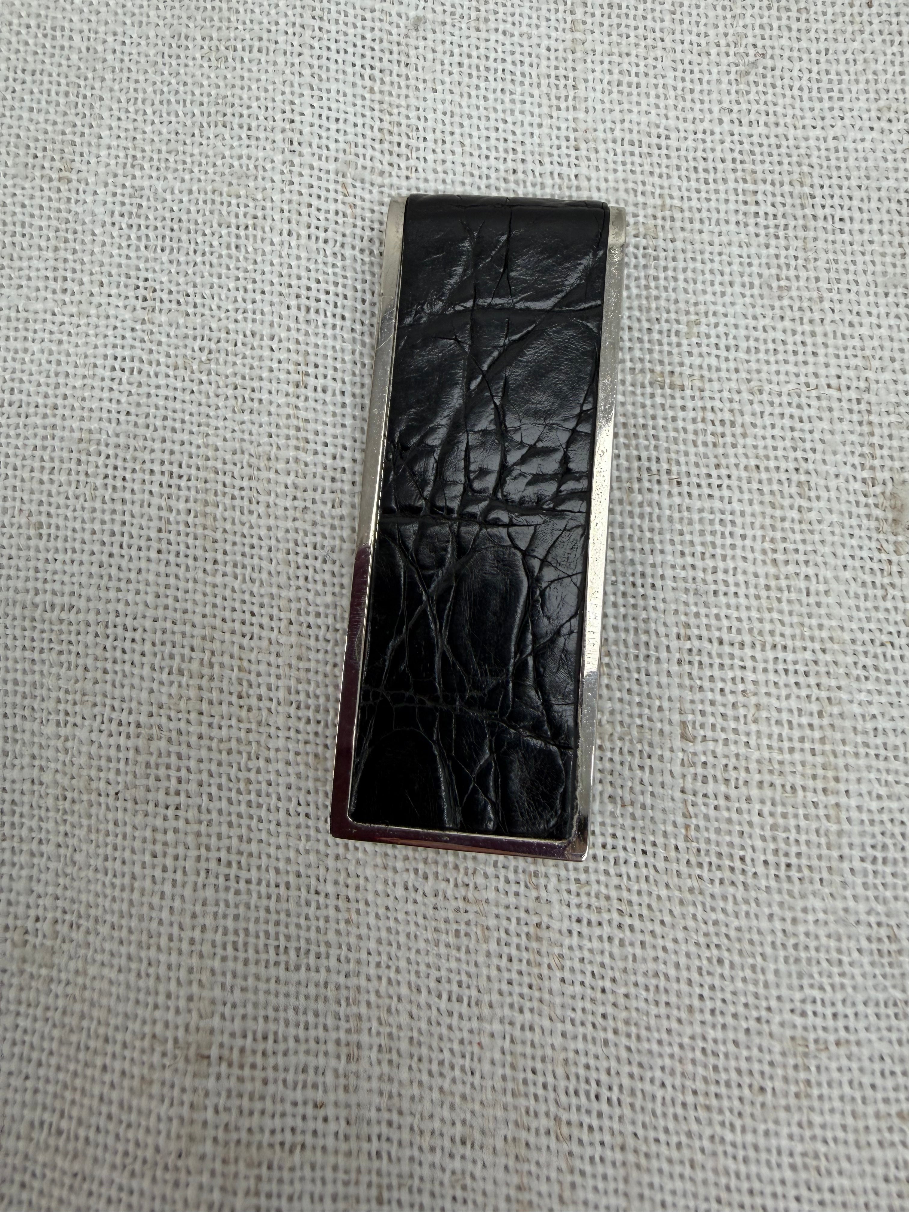 Gucci Black Embossed Leather & Silver Metal Money Clip