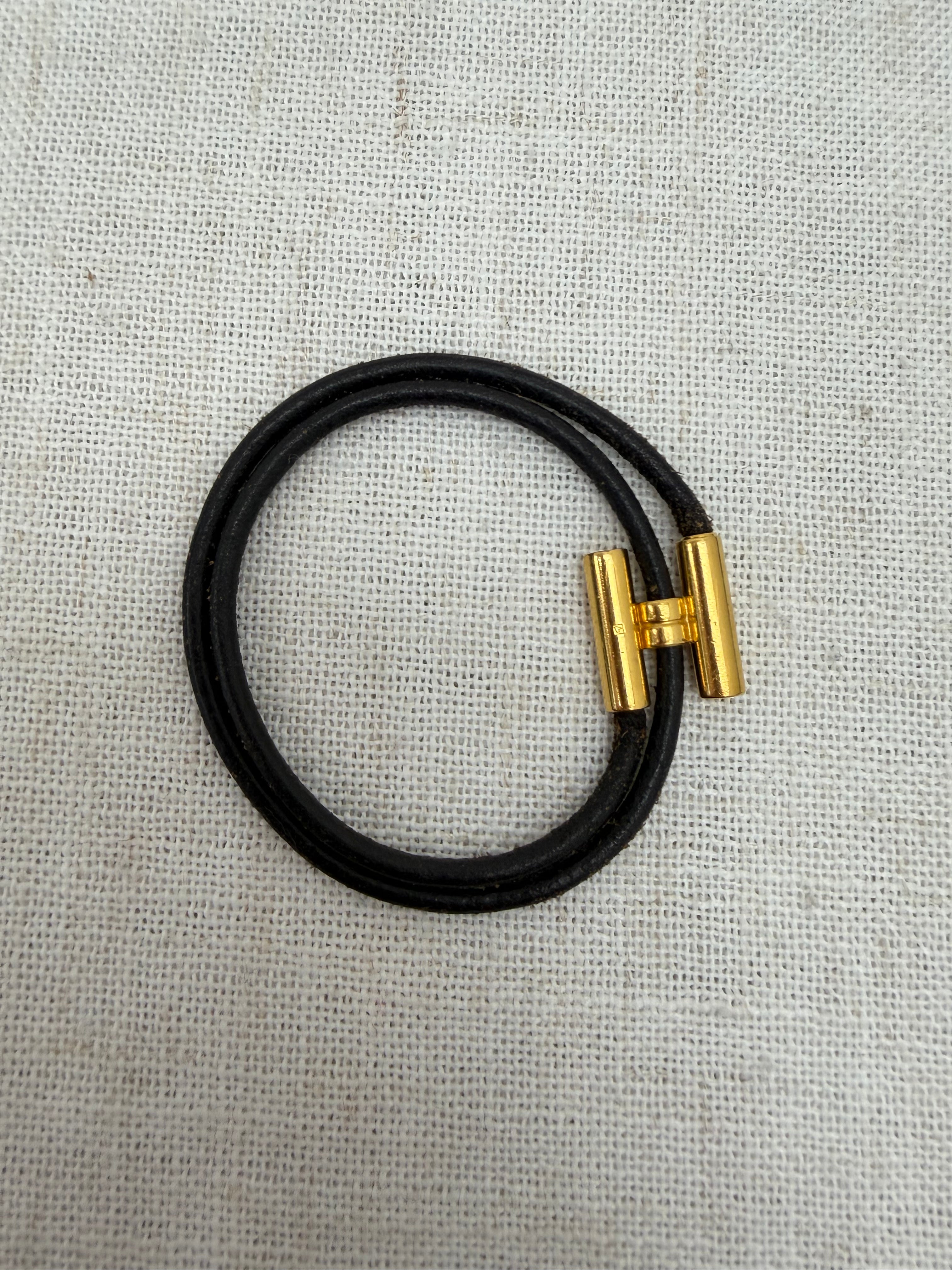 Hermes Vintage Black Leather & Gold Tone Tournis Tresse Bracelet