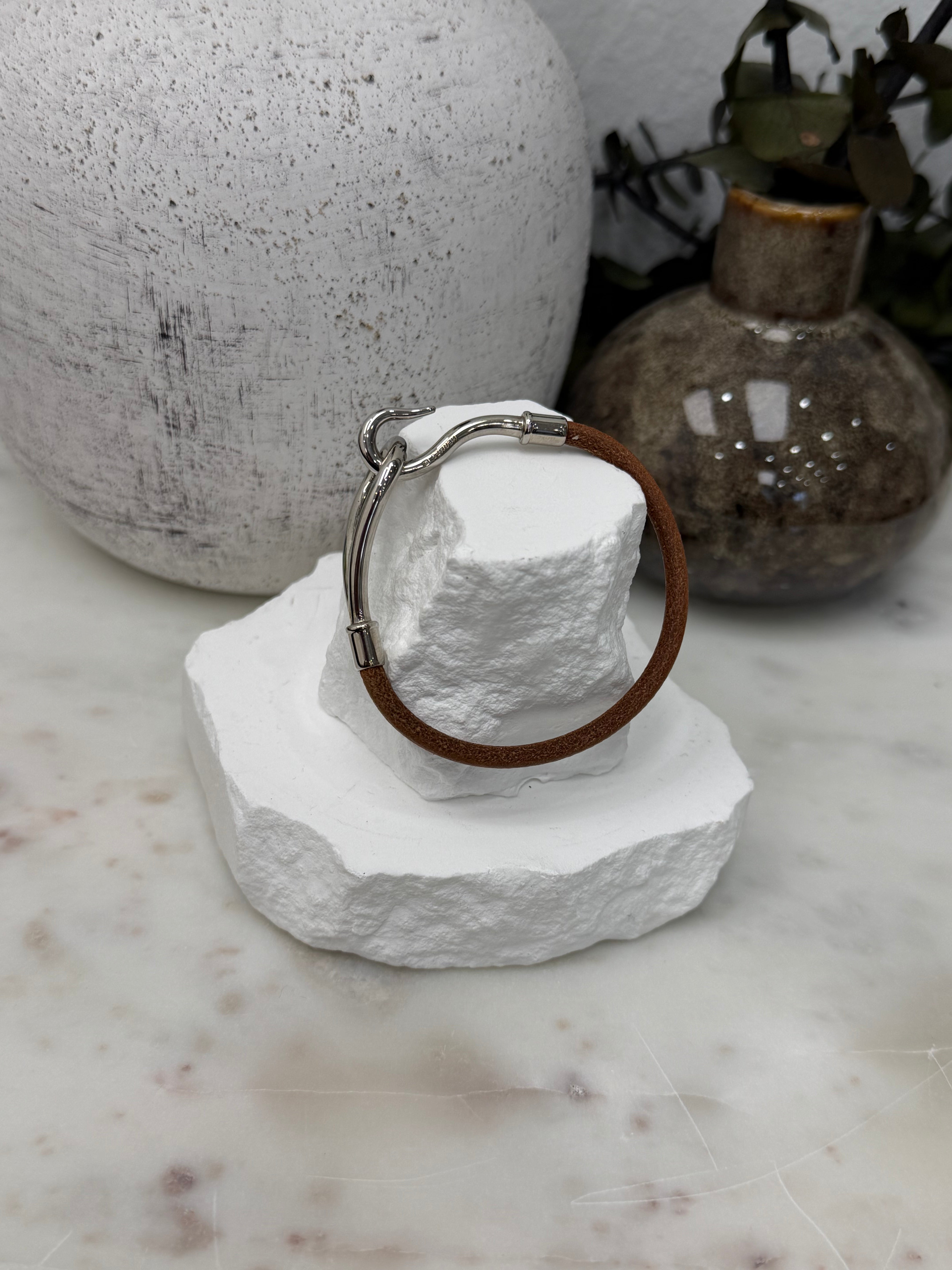 Hermes Vintage Brown Leather Silver Jumbo Hook Bracelet