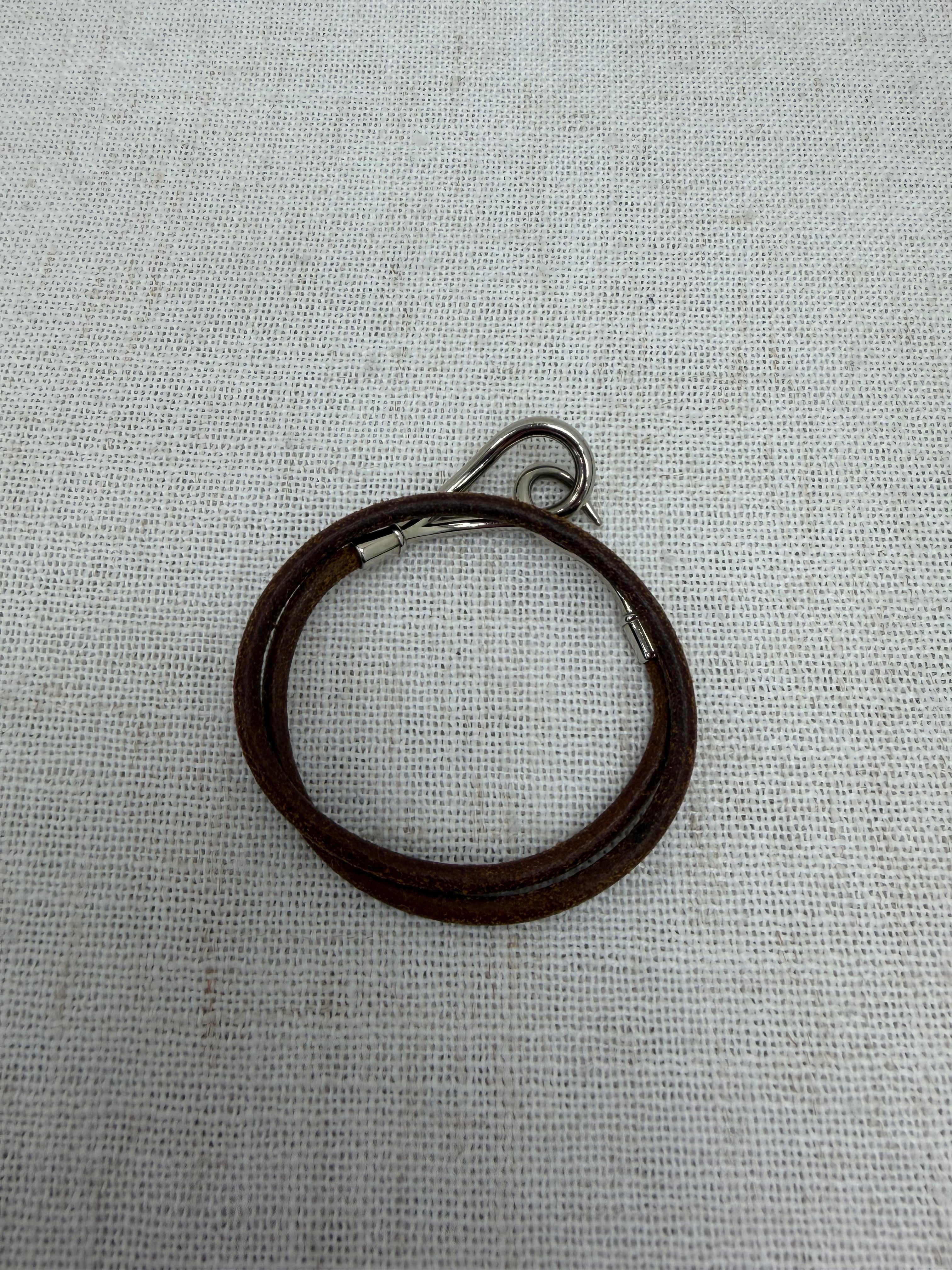 Hermes Vintage Brown Leather Silver Jumbo Hook Double Tour Bracelet