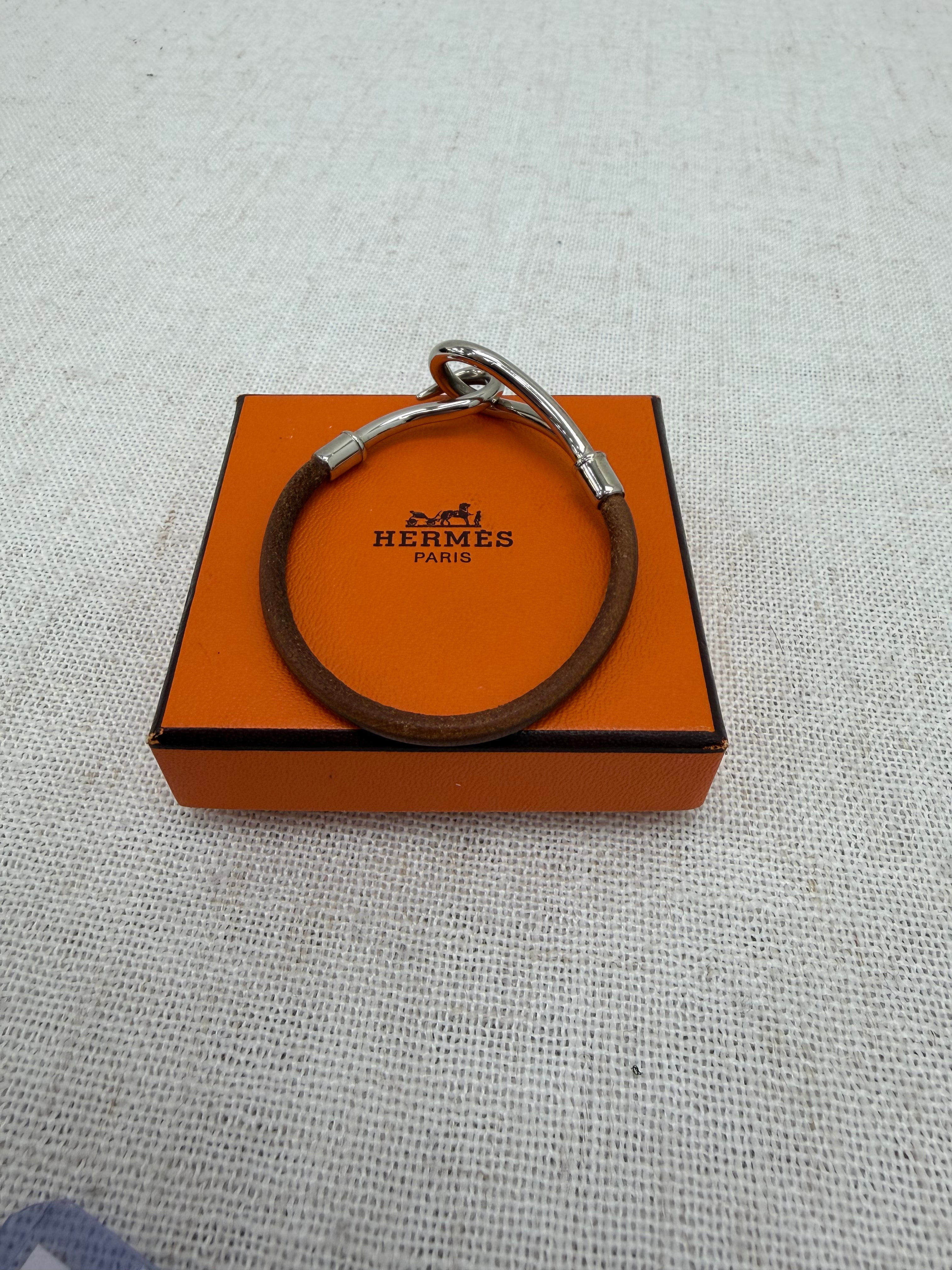 Hermes Vintage Brown Leather Silver Jumbo Hook Bracelet
