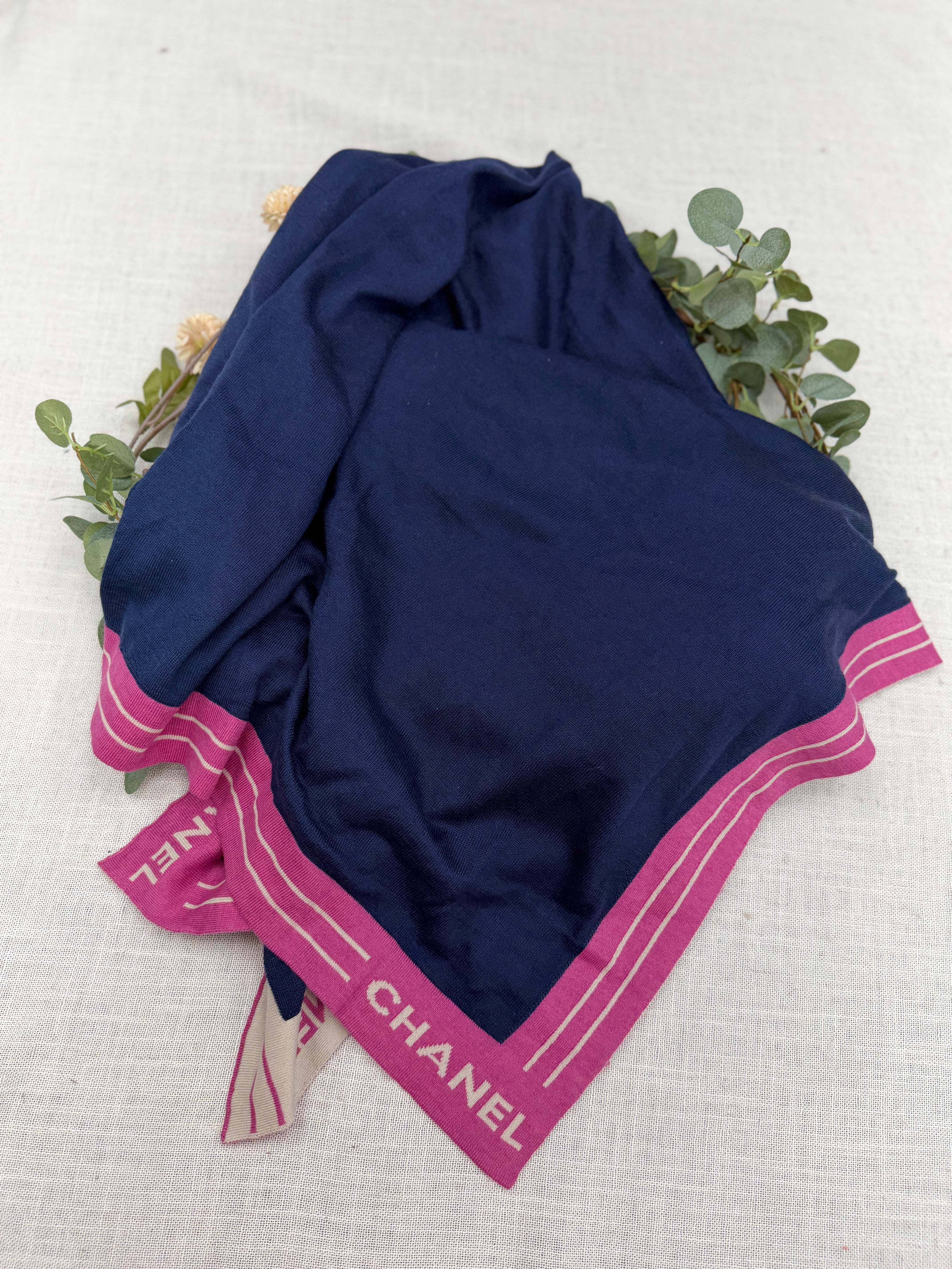Chanel Navy And Pink Cashmere Blend Logo Print Scarf