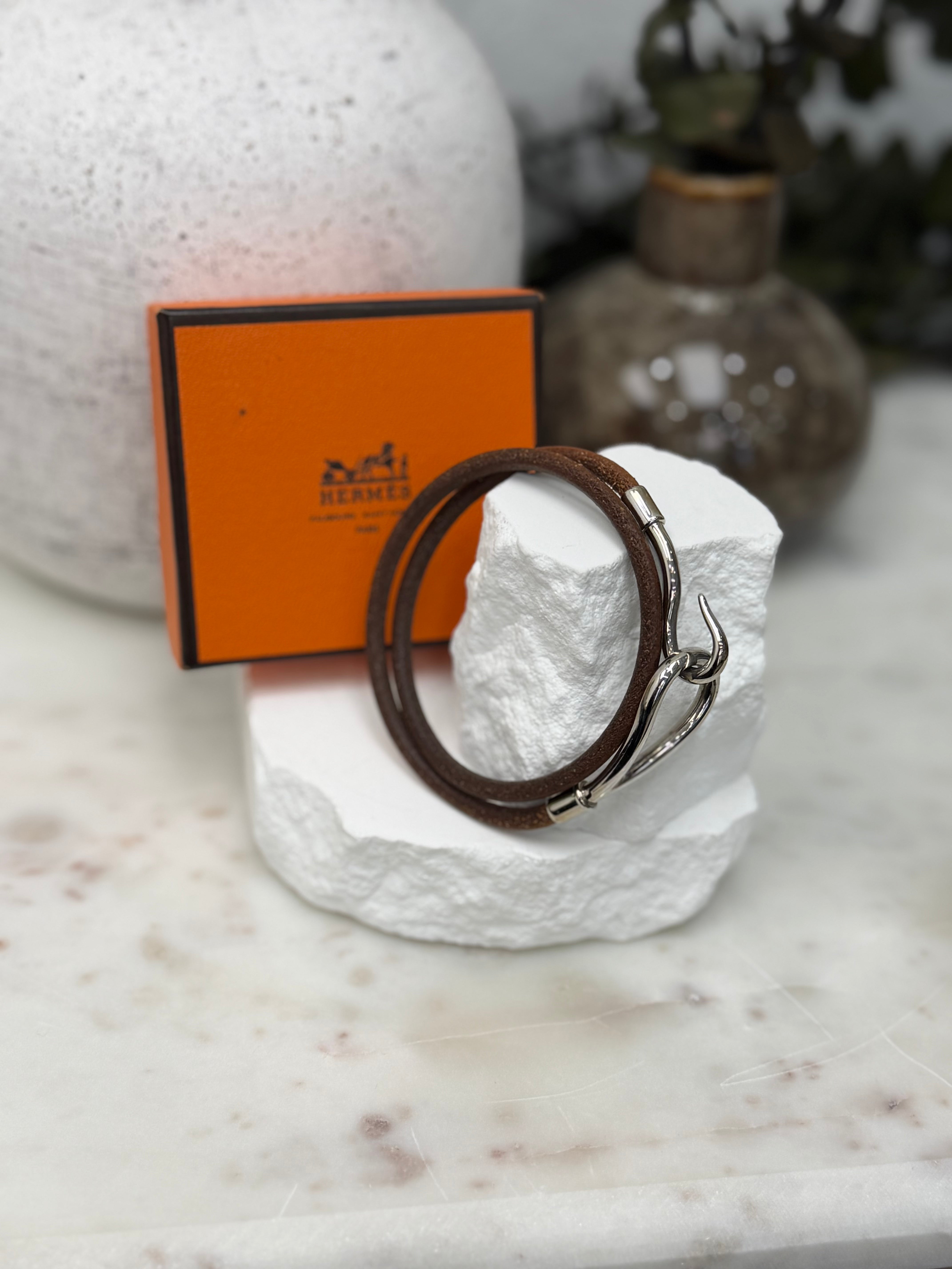 Hermes Vintage Brown Leather Silver Jumbo Hook Double Tour Bracelet
