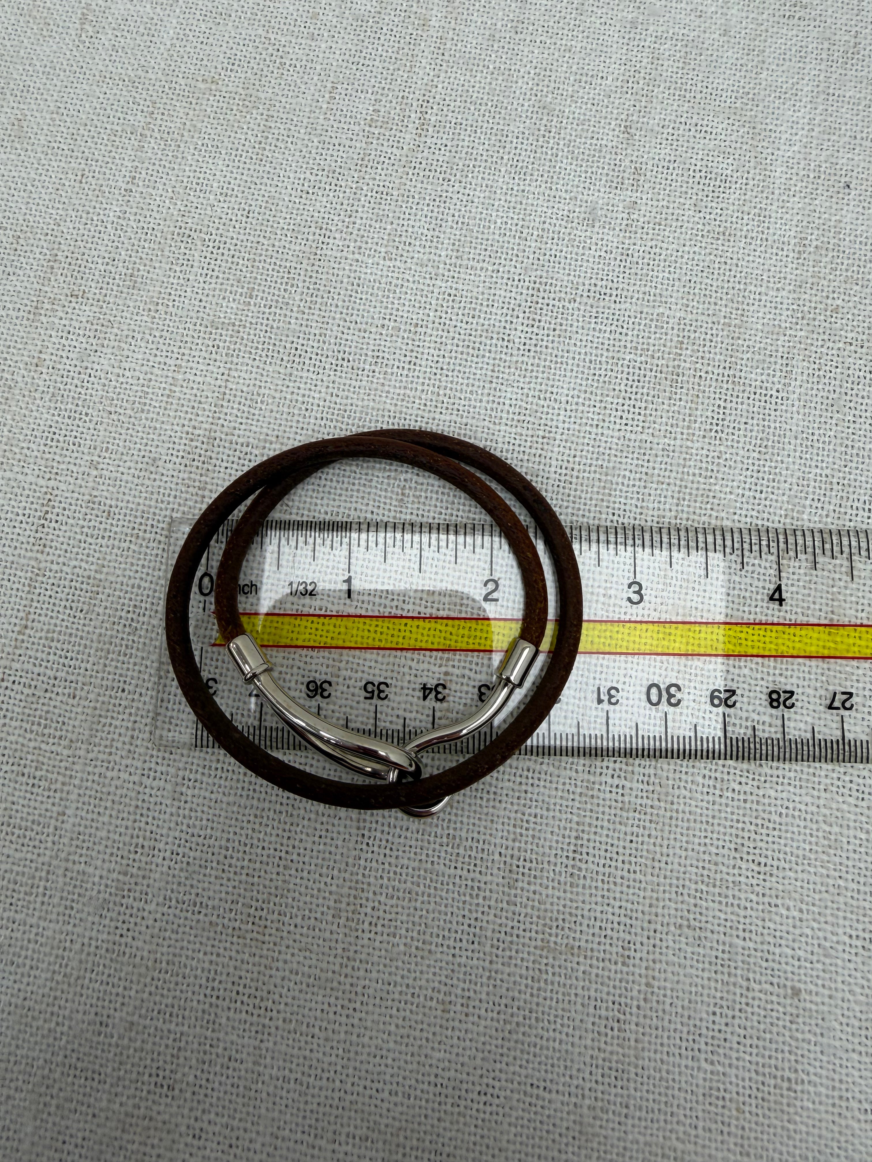 Hermes Vintage Brown Leather Silver Jumbo Hook Double Tour Bracelet