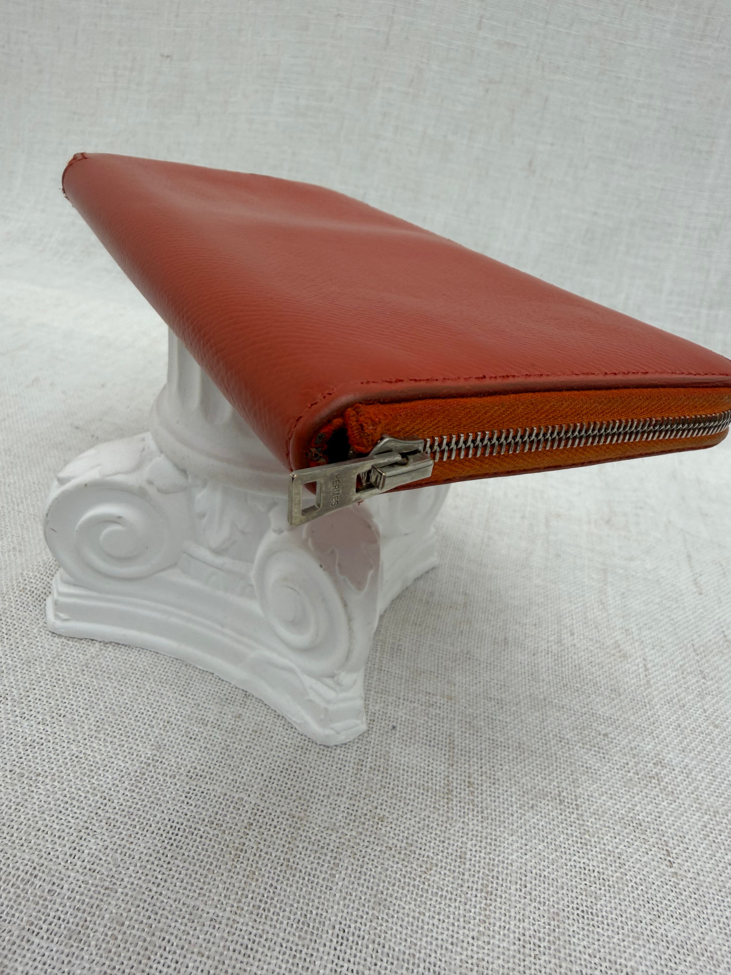 Hermes Orange Epsom Leather Silk In Zippy Wallet