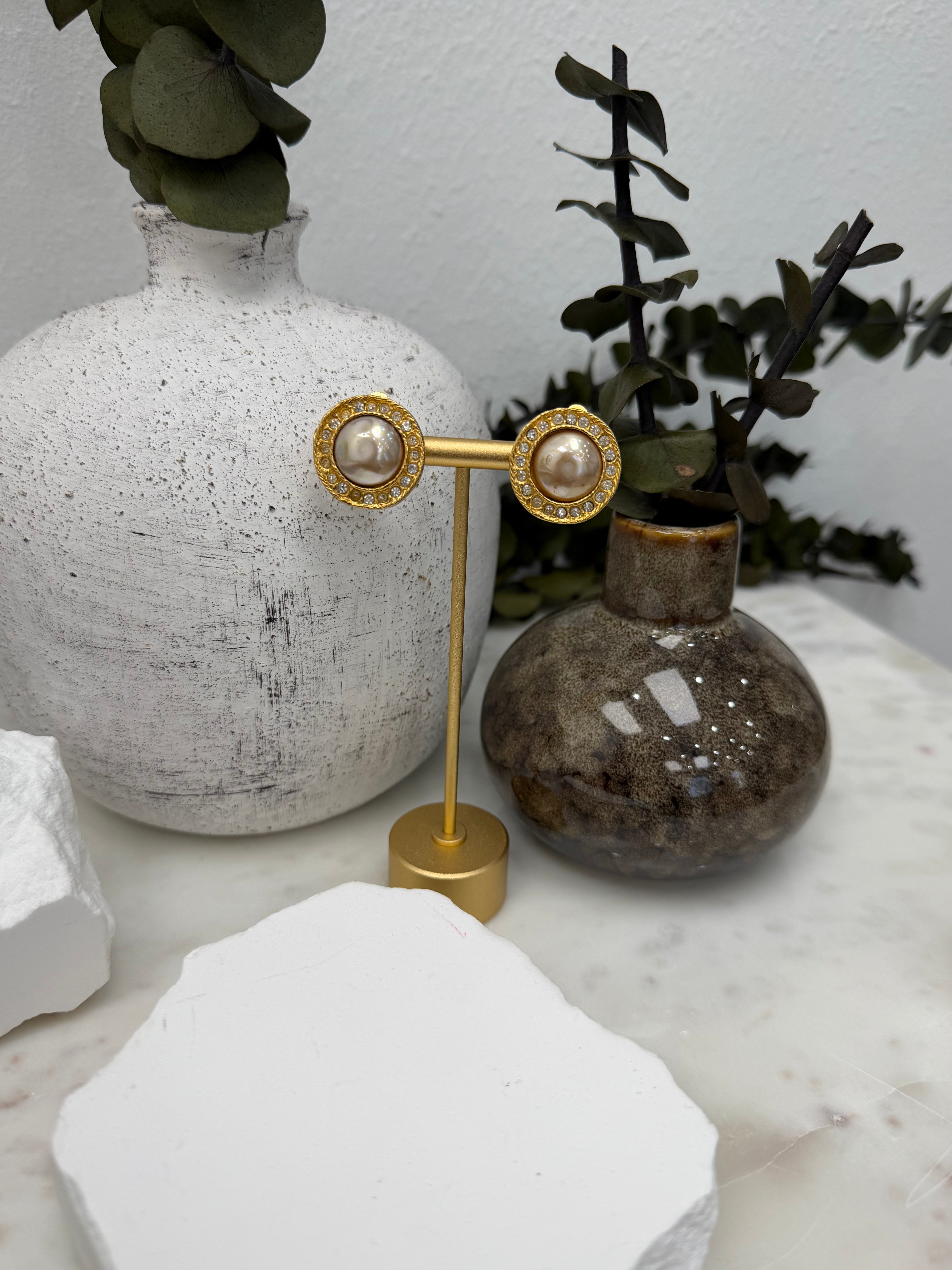 Chanel Vintage Gold Tone Faux Pearl Rhinstone Clipon Earrings