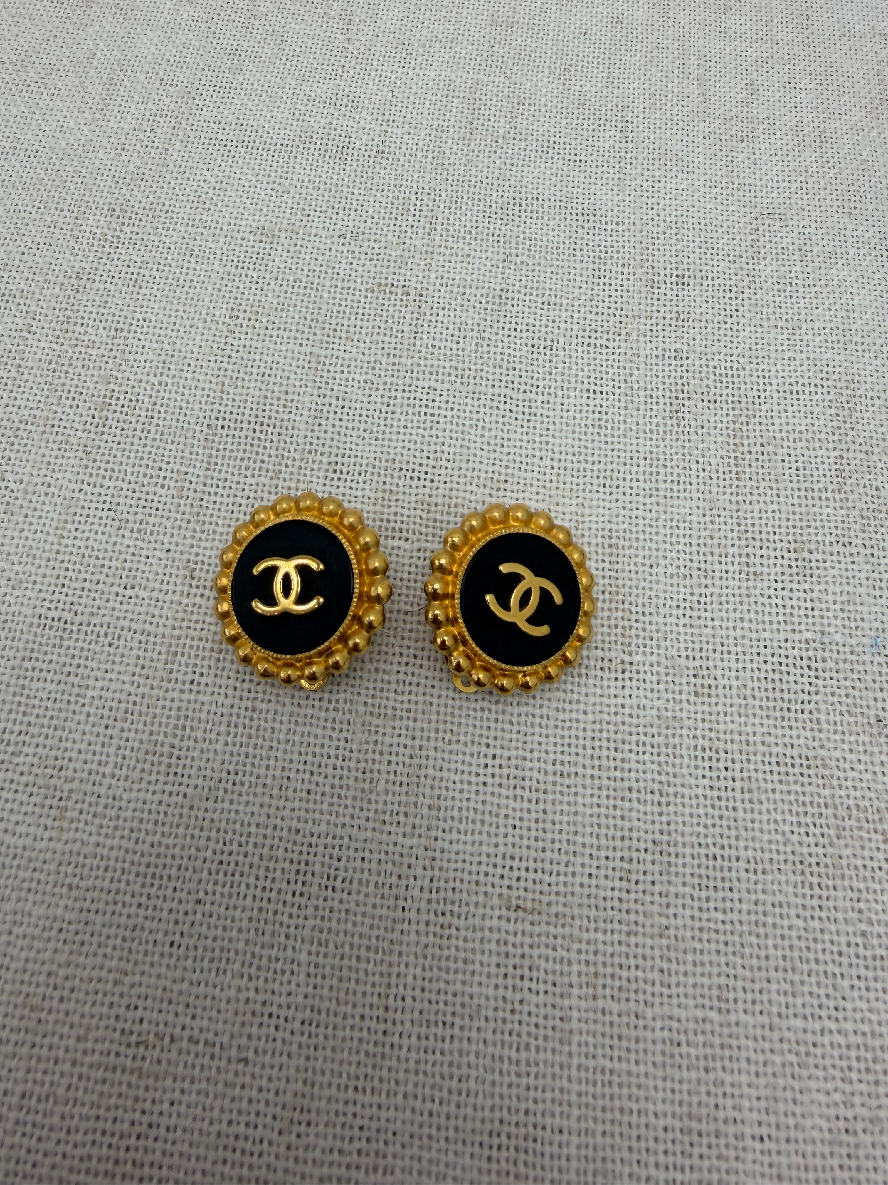 Chanel Vintage Gold Tone CC & Black Clipon Earrings