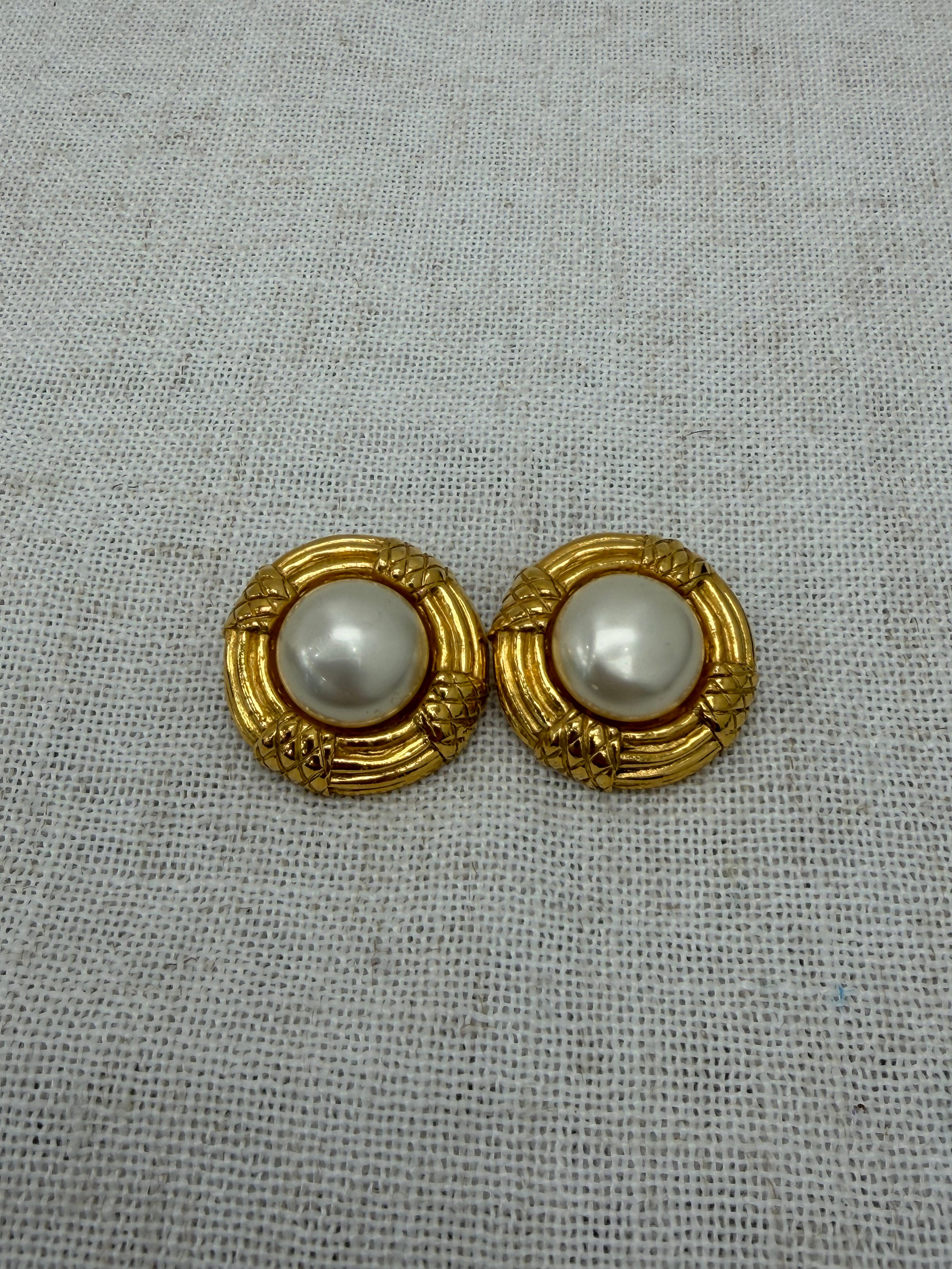 Chanel Vintage Gold Tone Faux Pearl Clipon Earrings