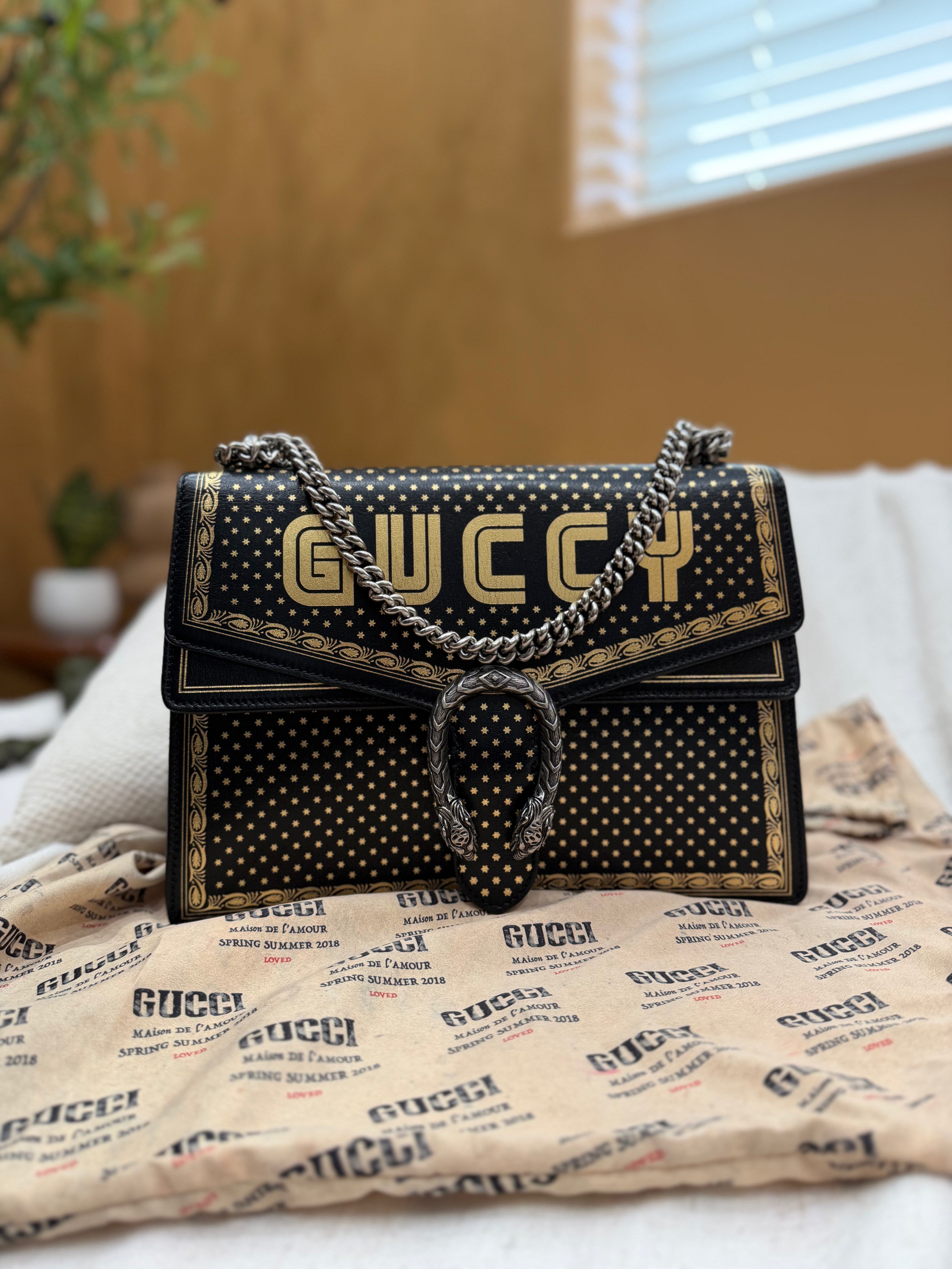 *DONS PRE-DROP* Gucci x Sega Black & Gold Leather Guccy Medium Dionysus Chain Bag