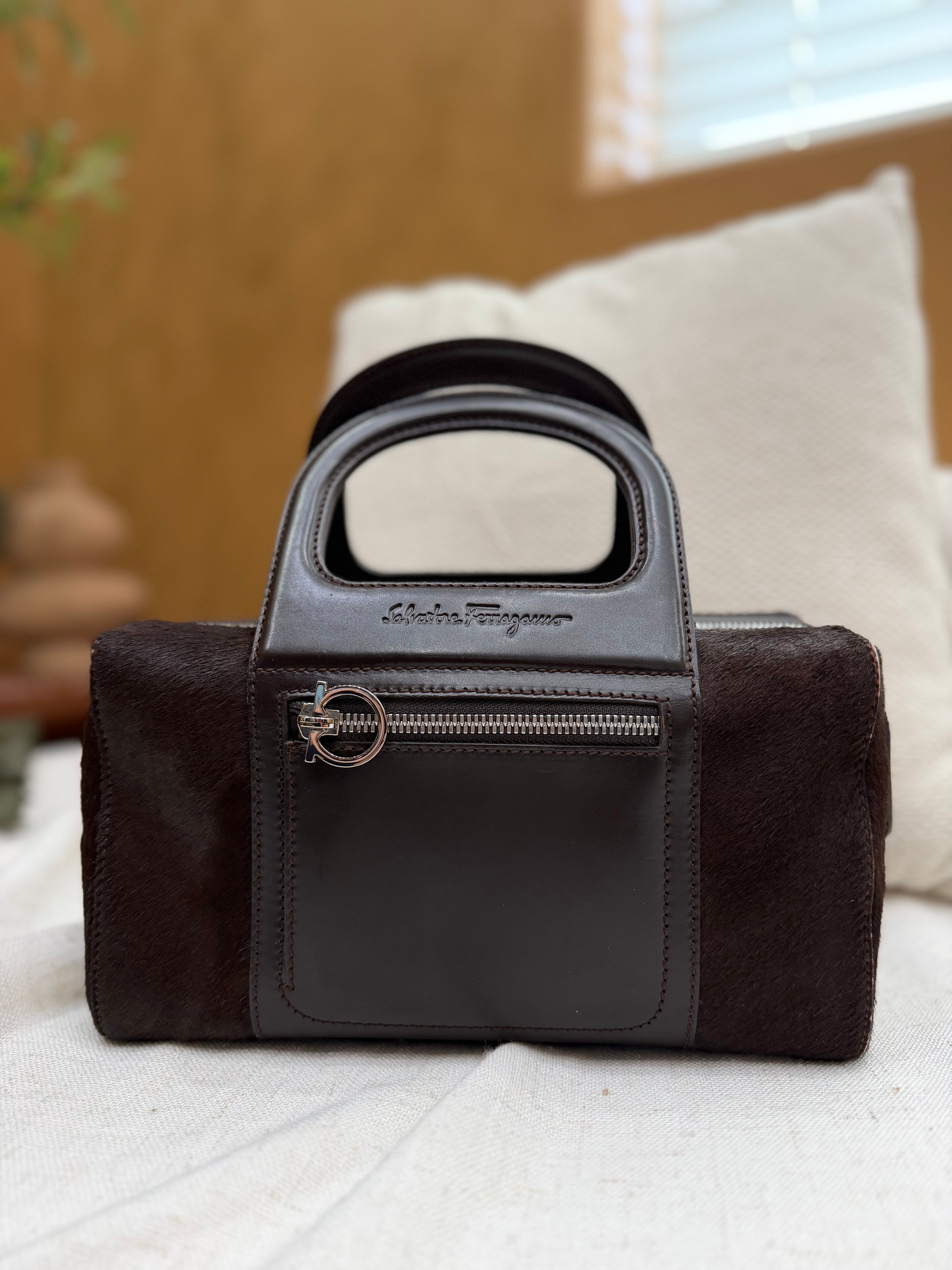 *DONS PRE-DROP* Salvatore Ferragamo Vintage Brown Pony Hair & Leather Box Top Handle Bag