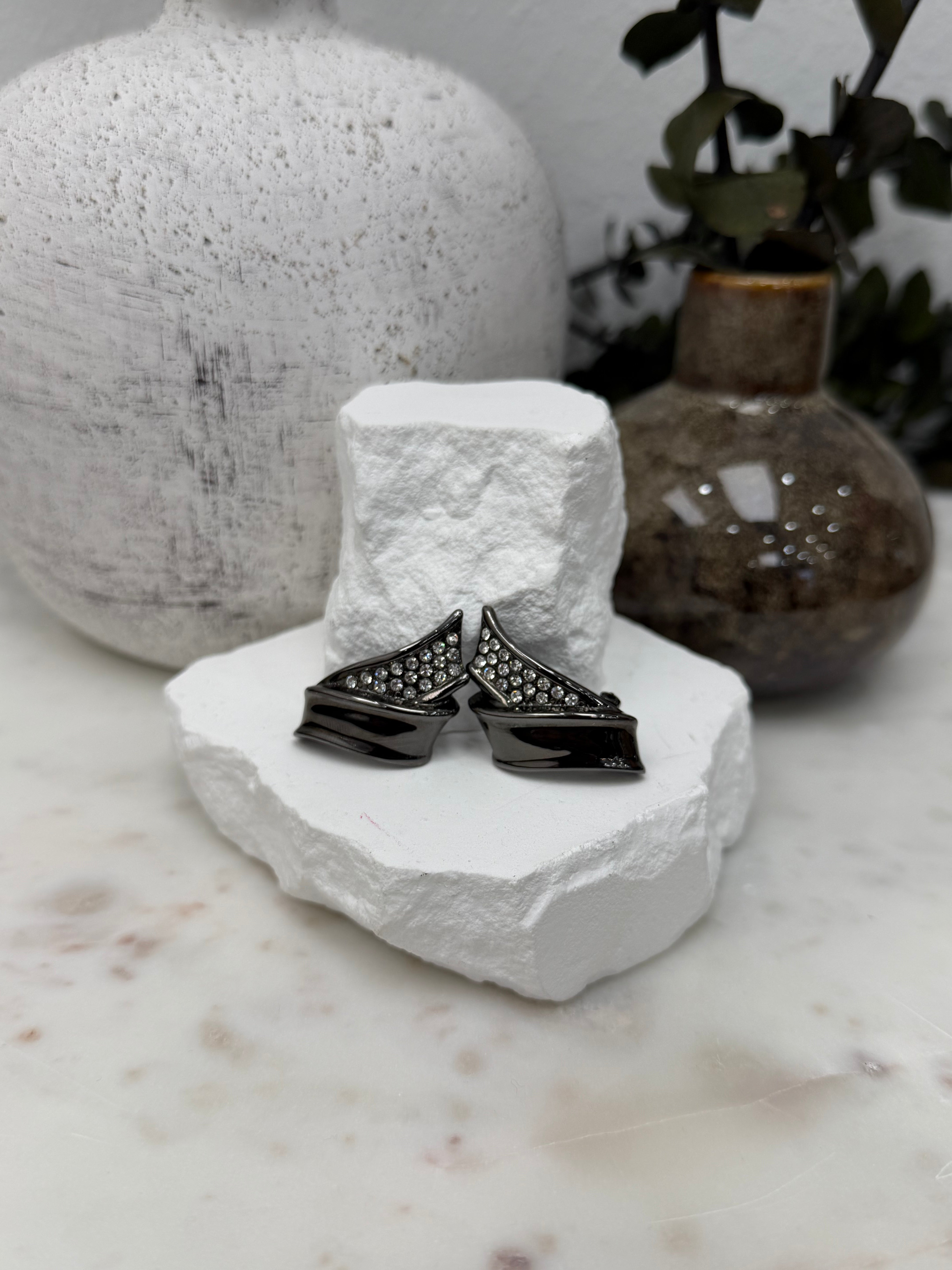 Saint Laurent YSL Rhinstone & Gun Metal Clip on Earrings