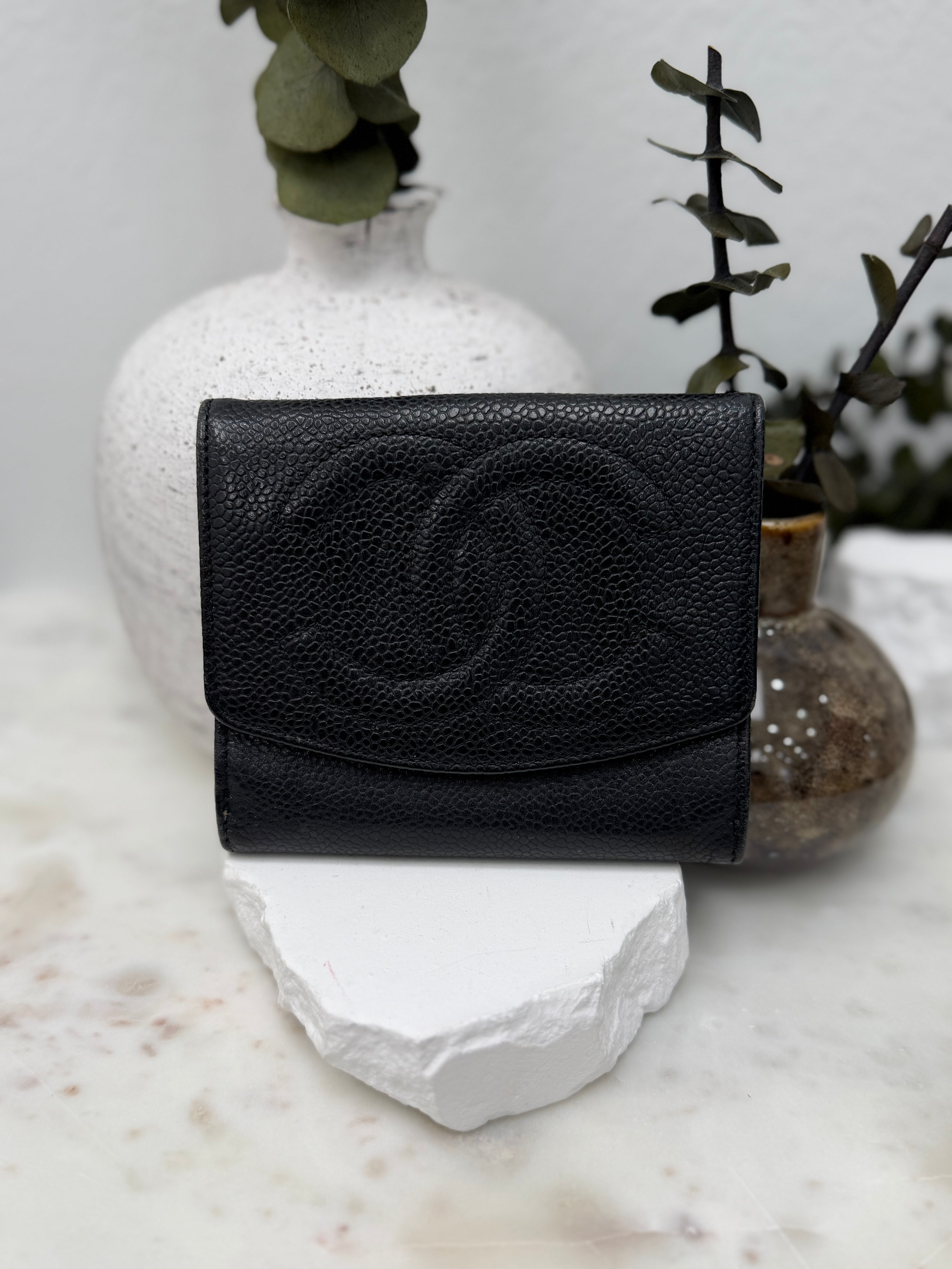 Chanel Black Caviar Leather Compact Wallet