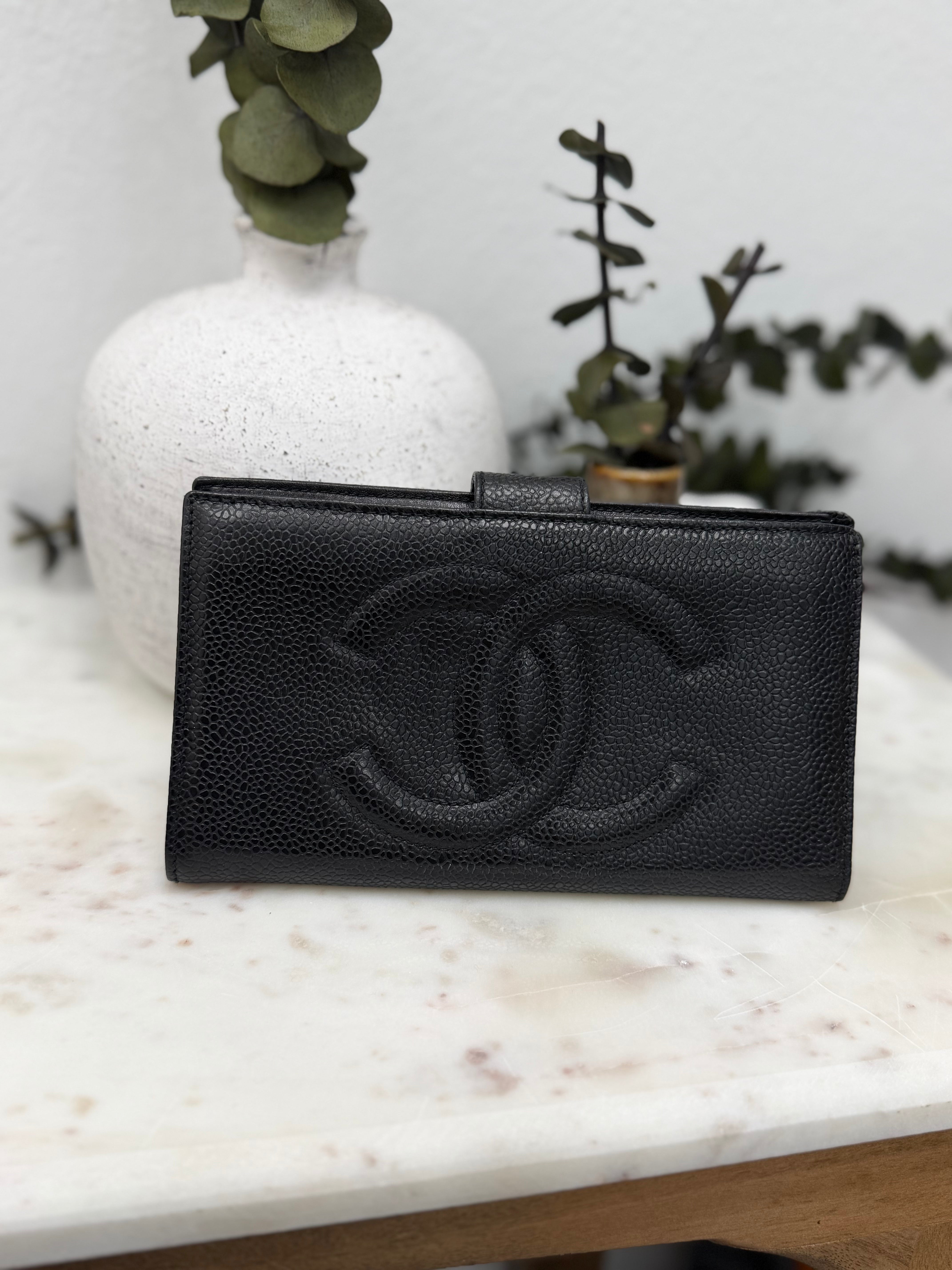 Chanel Black Caviar Leather Kisslock Long Wallet