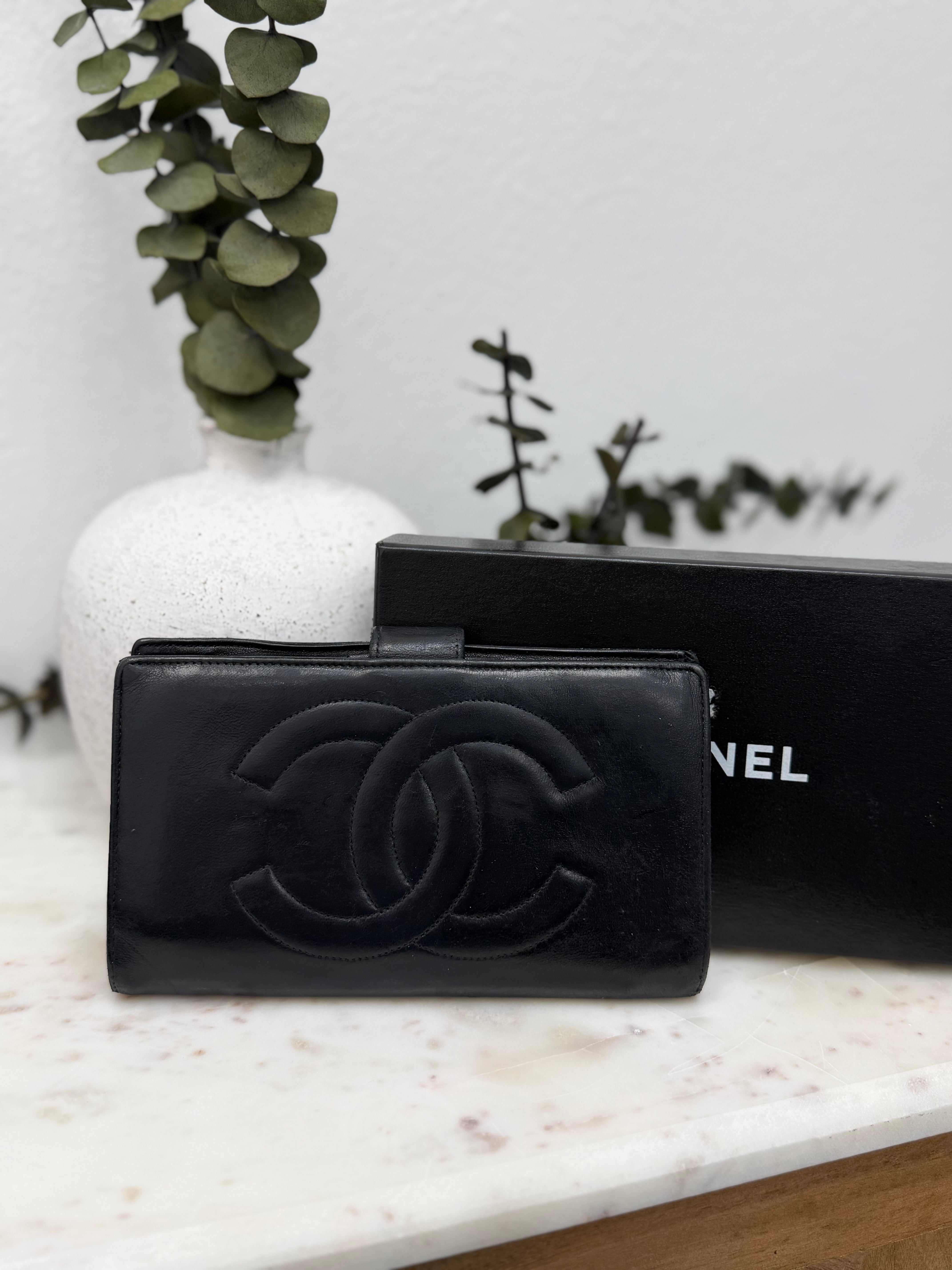 Chanel Black Leather Kisslock Long Wallet