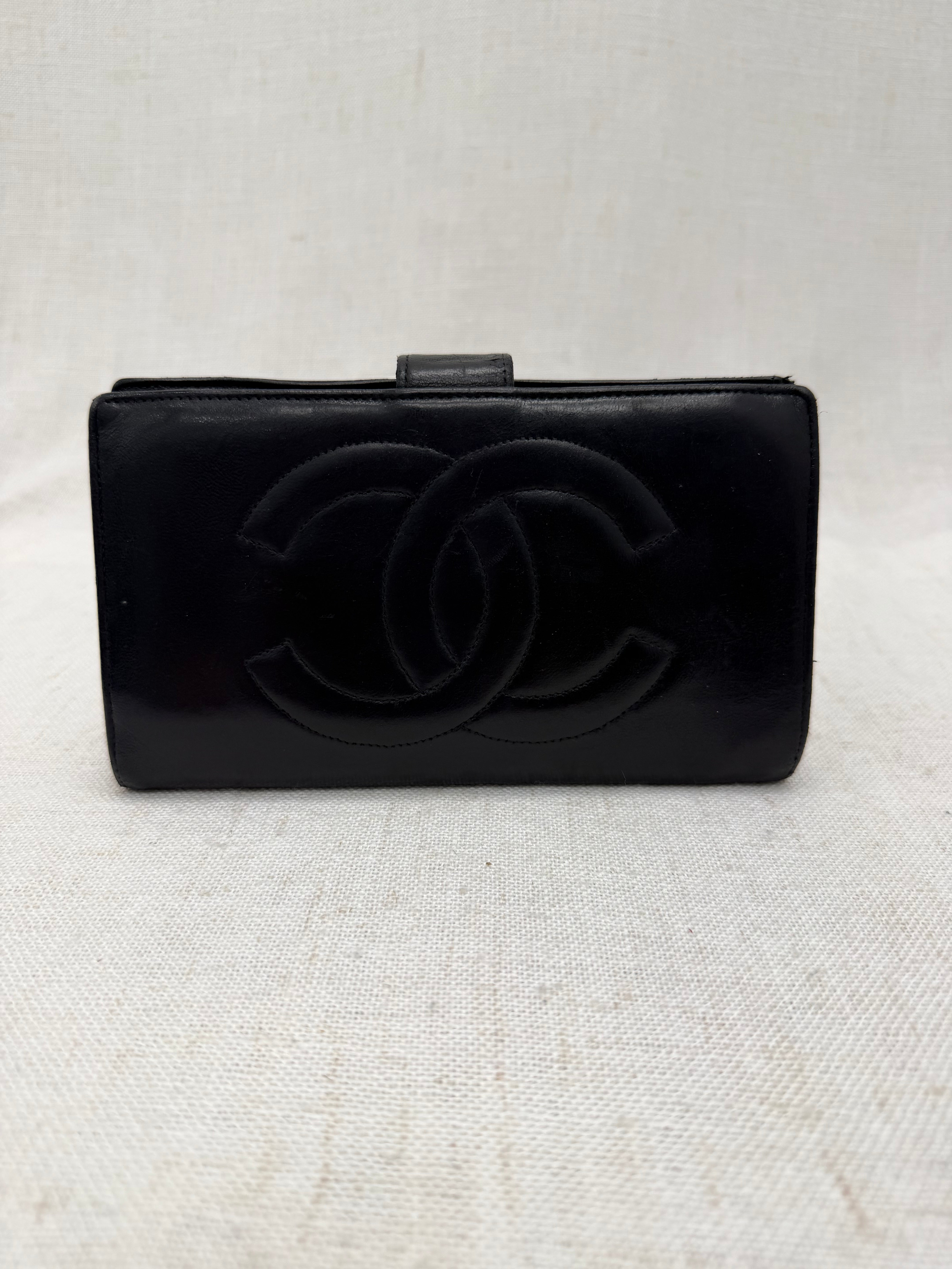 Chanel Black Leather Kisslock Long Wallet