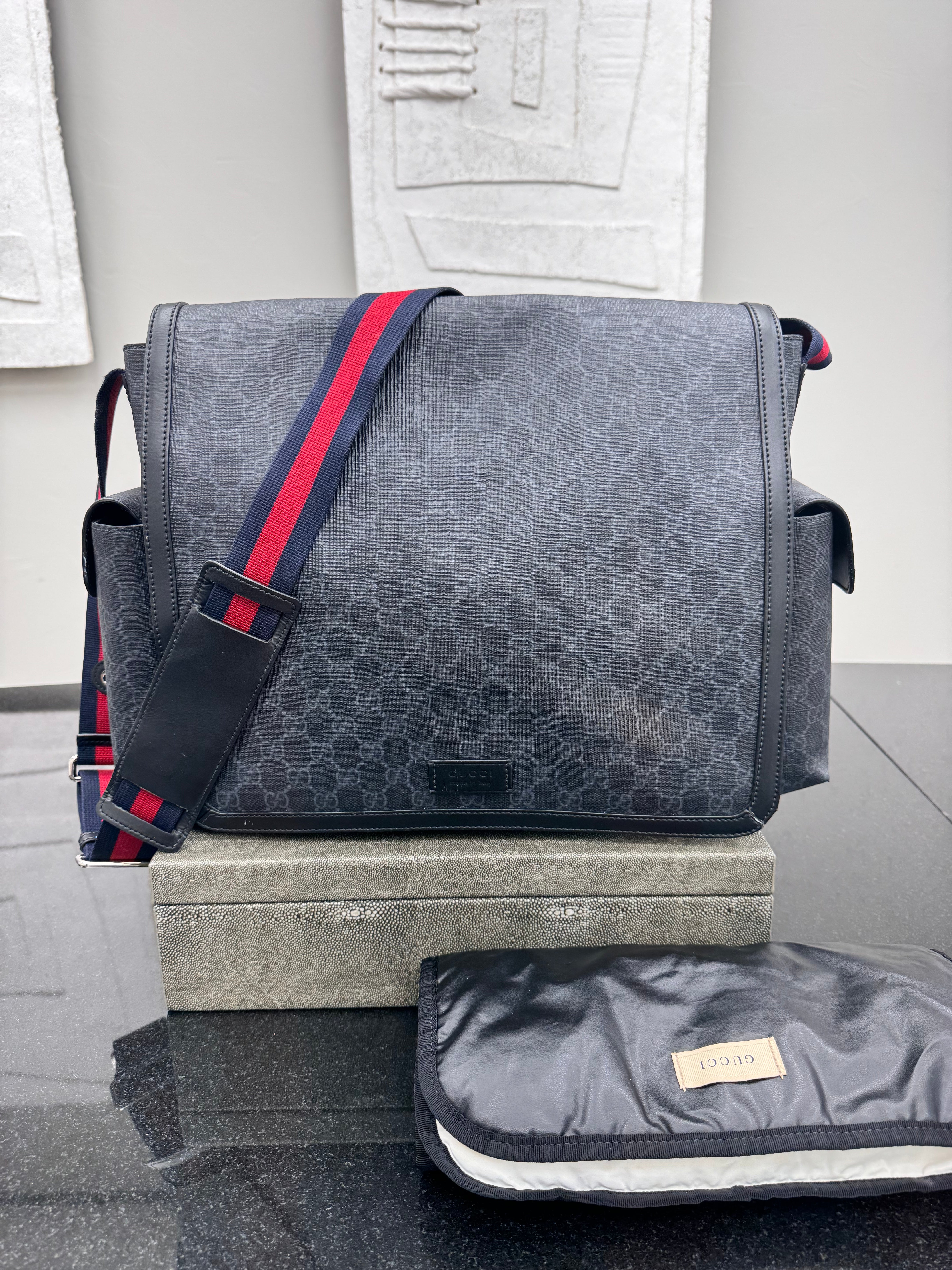 Gucci Black GG Supreme Diaper Bag With Changing Mat
