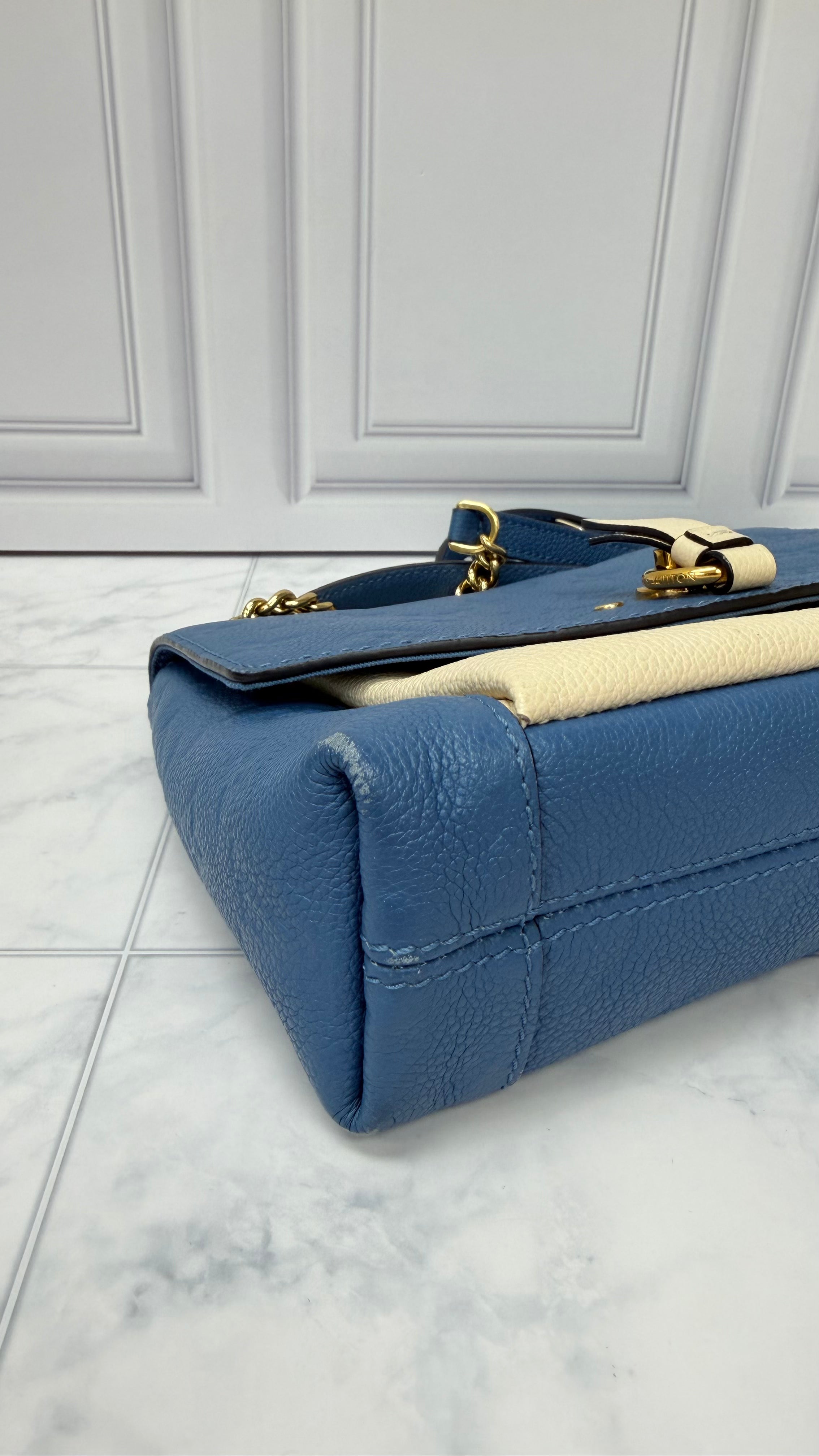 *DONS DROP* Louis Vuitton Denim Blue and Cream Monogram Empreinte Leather Blanche BB Shoulder Bag