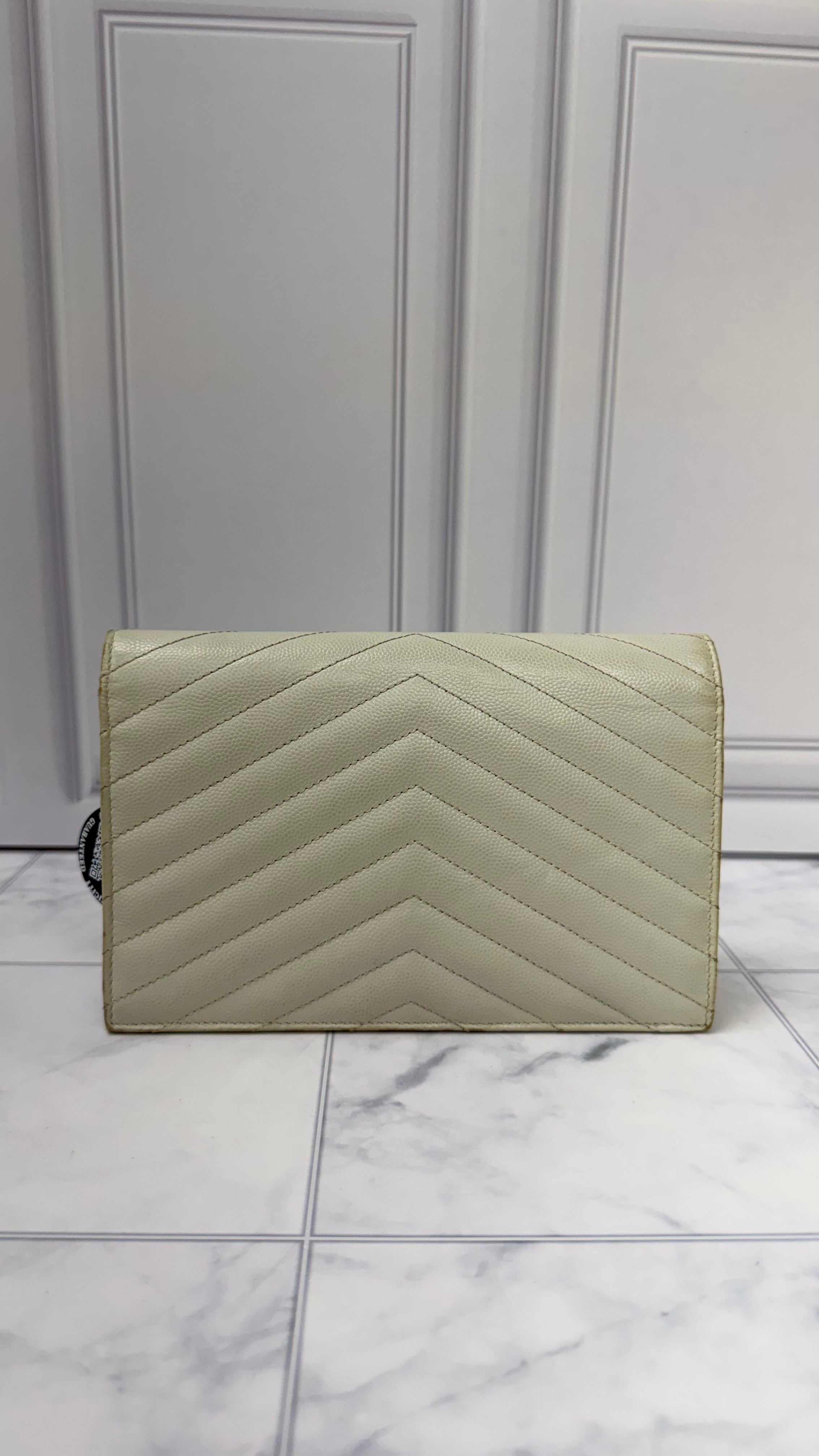 *DONS DROP* Saint Laurent YSL White Grained Leather Cassandre Envelope Wallet On A Chain