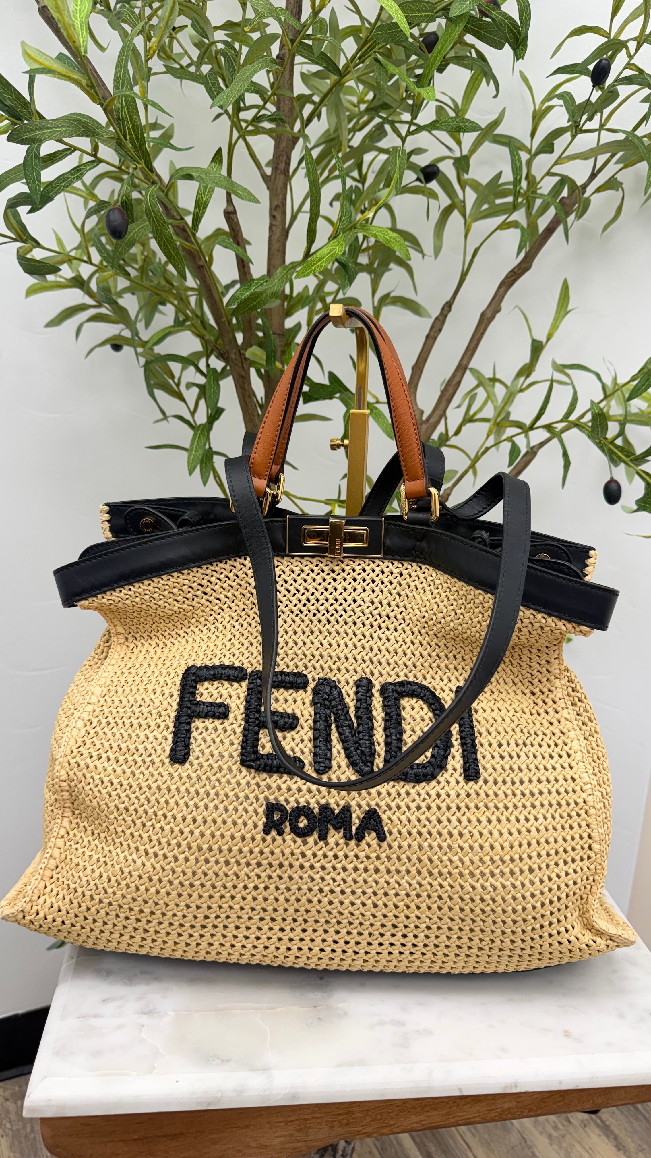Fendi Natural Woven Raffia Peekaboo Medium X-Tote Bag