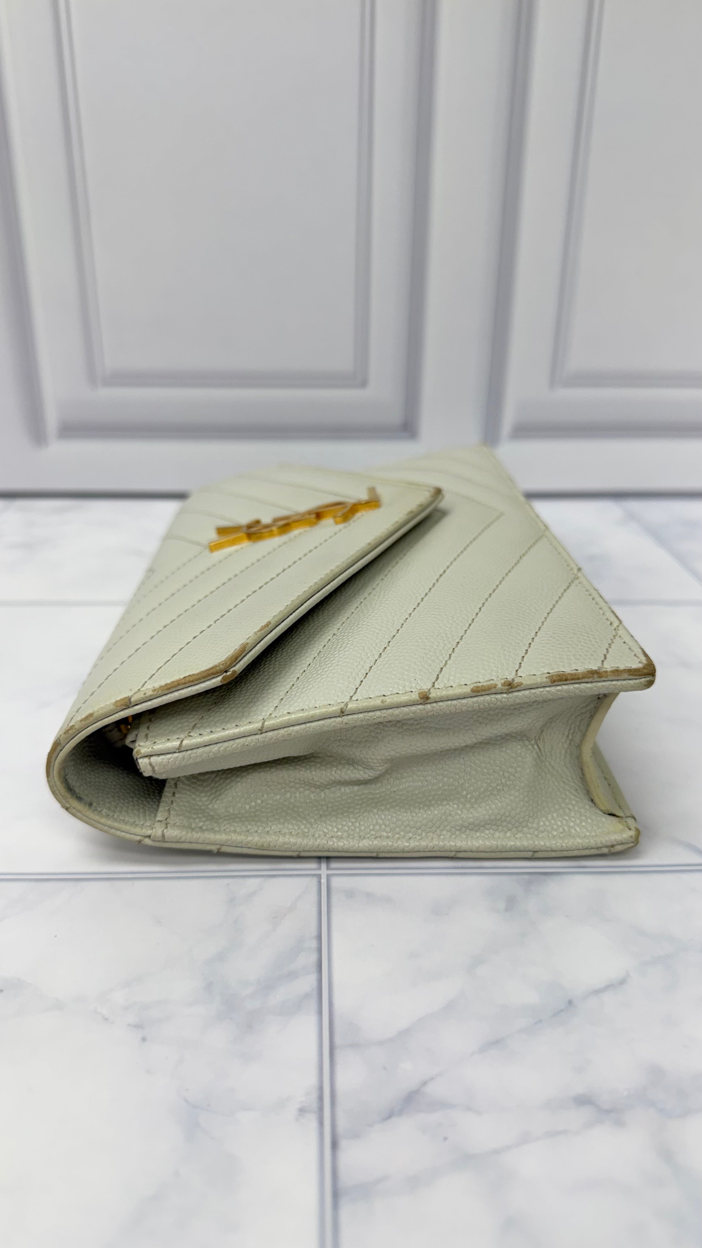 *DONS DROP* Saint Laurent YSL White Grained Leather Cassandre Envelope Wallet On A Chain