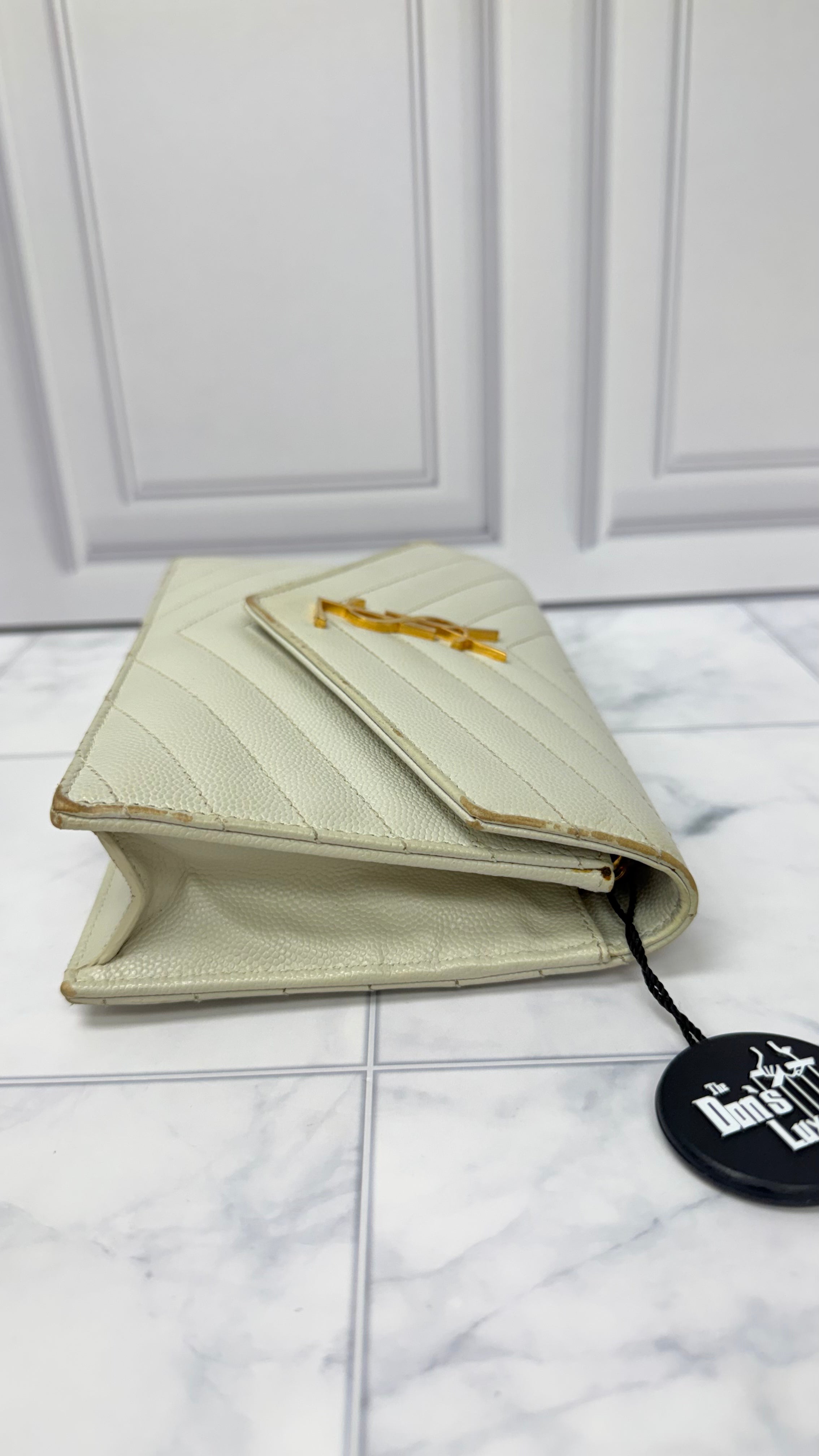 *DONS DROP* Saint Laurent YSL White Grained Leather Cassandre Envelope Wallet On A Chain