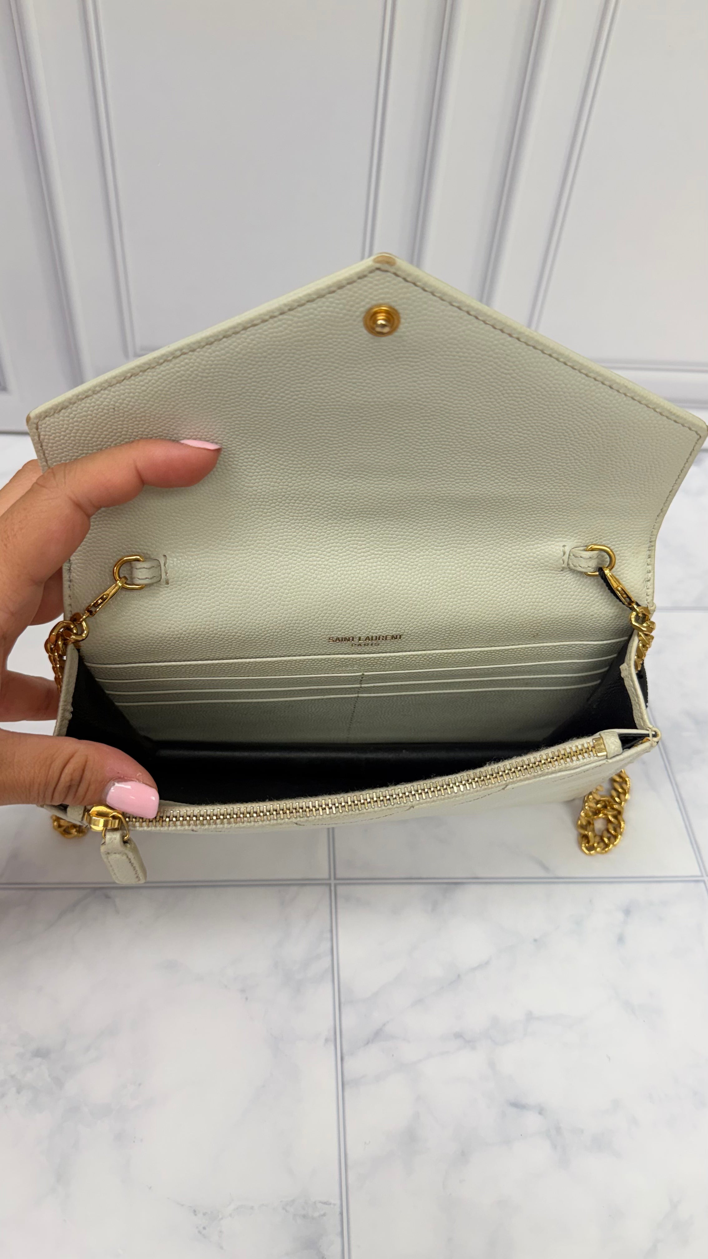 *DONS DROP* Saint Laurent YSL White Grained Leather Cassandre Envelope Wallet On A Chain