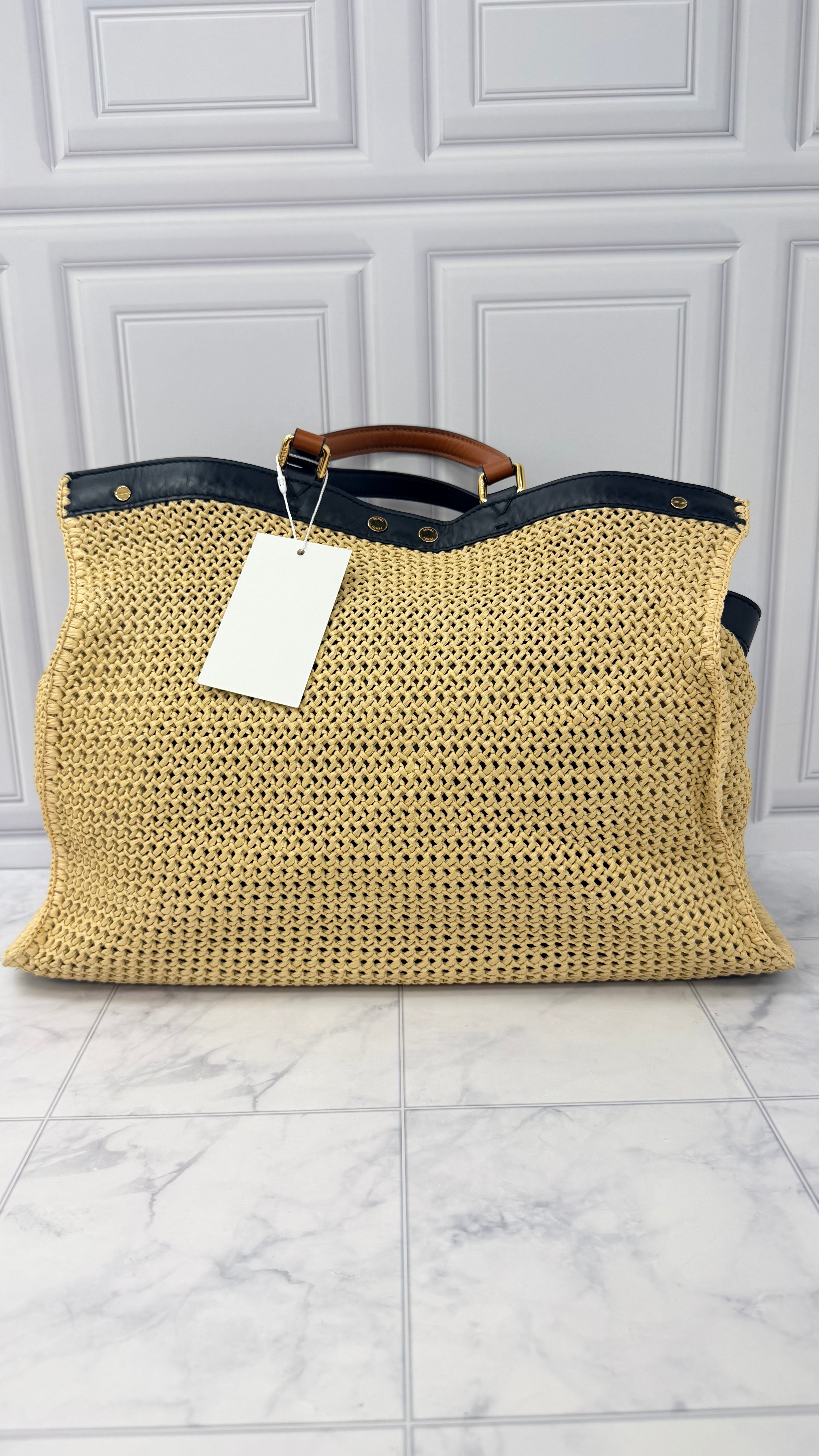 Fendi Natural Woven Raffia Peekaboo Medium X-Tote Bag