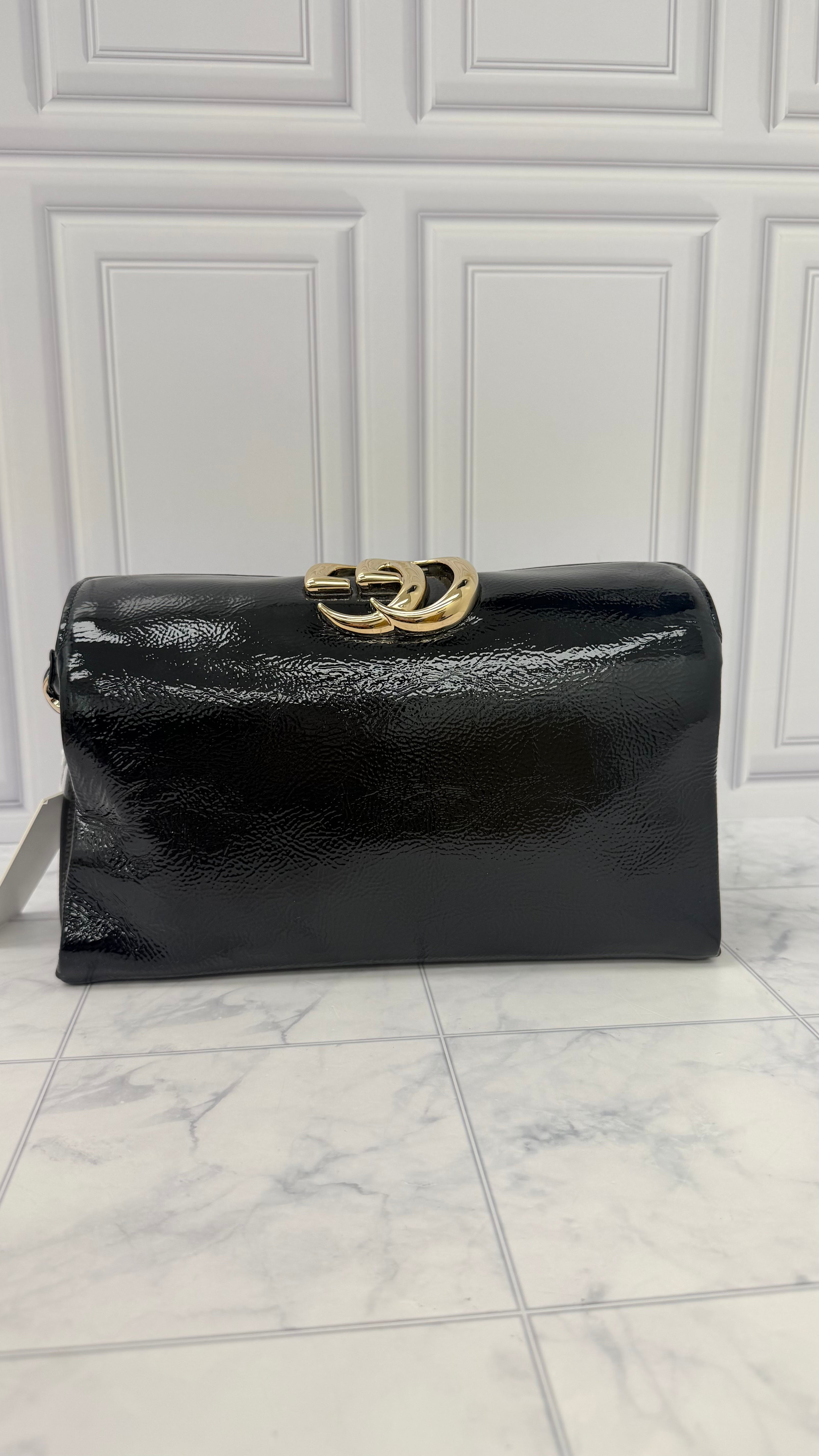 LIKE NEW - Gucci Black Patent Leather GG Soft Top Handle Bag