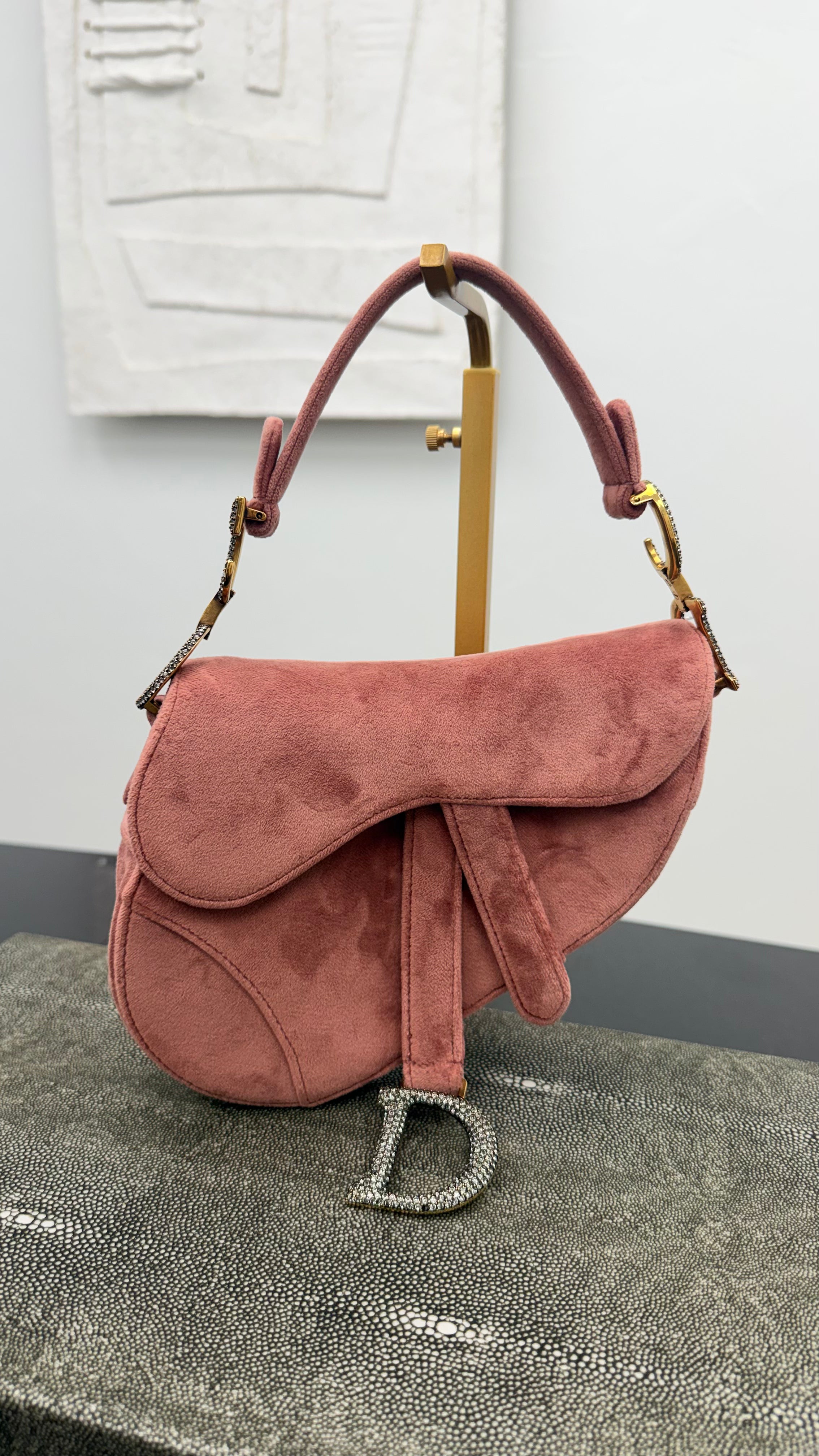 Christian Dior Pink Velvet Crystal Mini Saddle Handbag