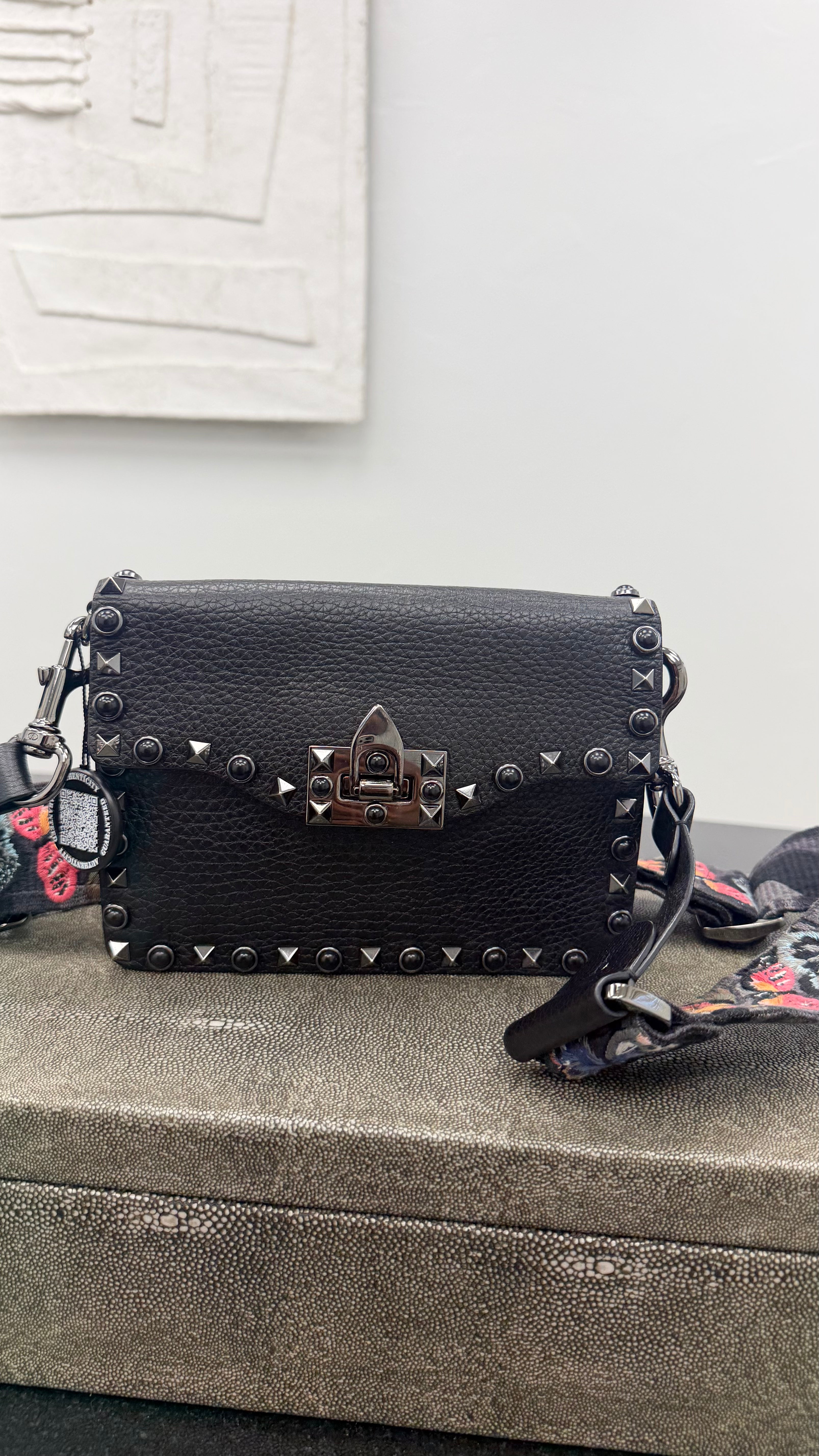 Valentino Black Grained Leather Rockstud Rolling Crossbody Bag