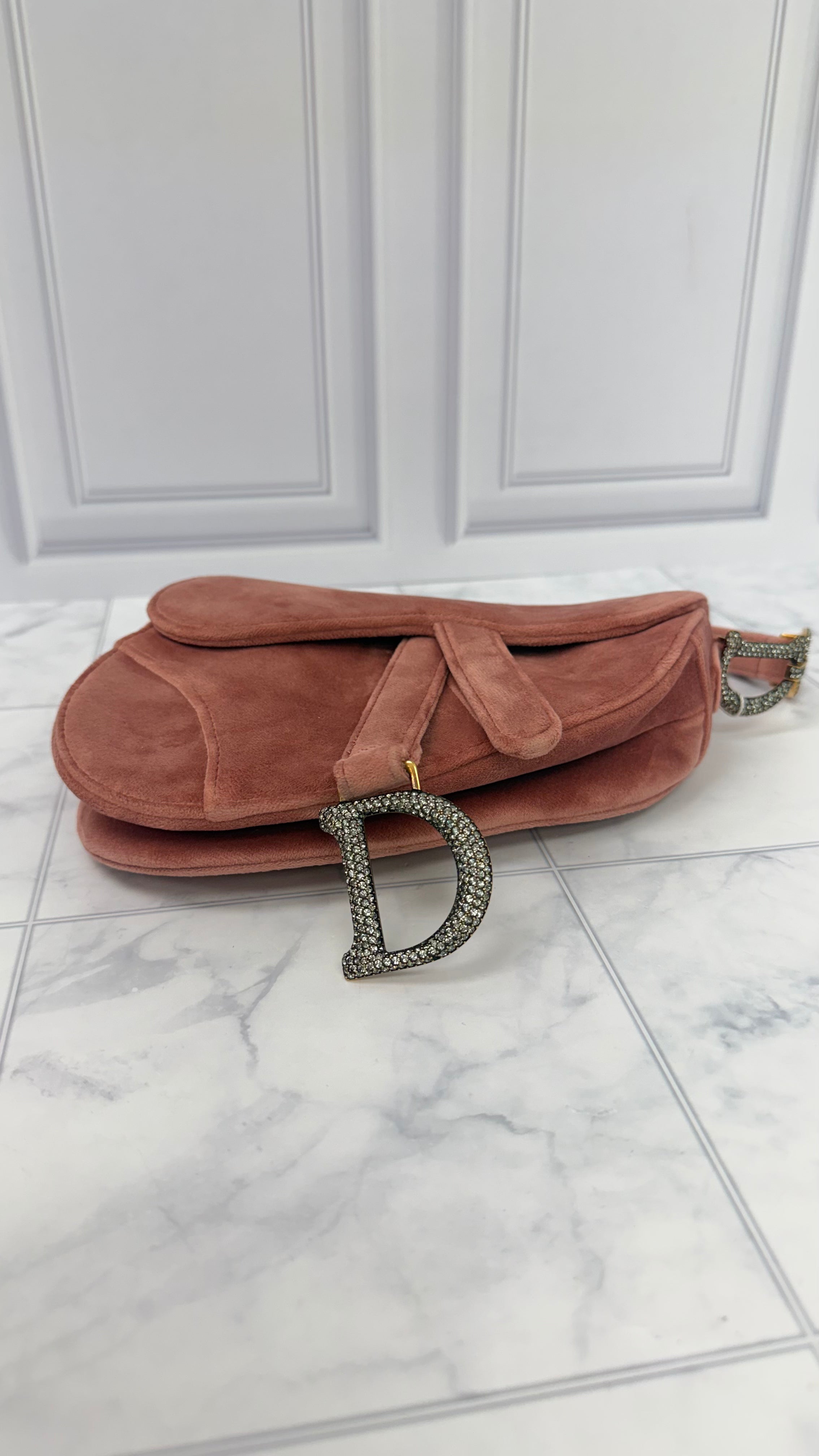 Christian Dior Pink Velvet Crystal Mini Saddle Handbag